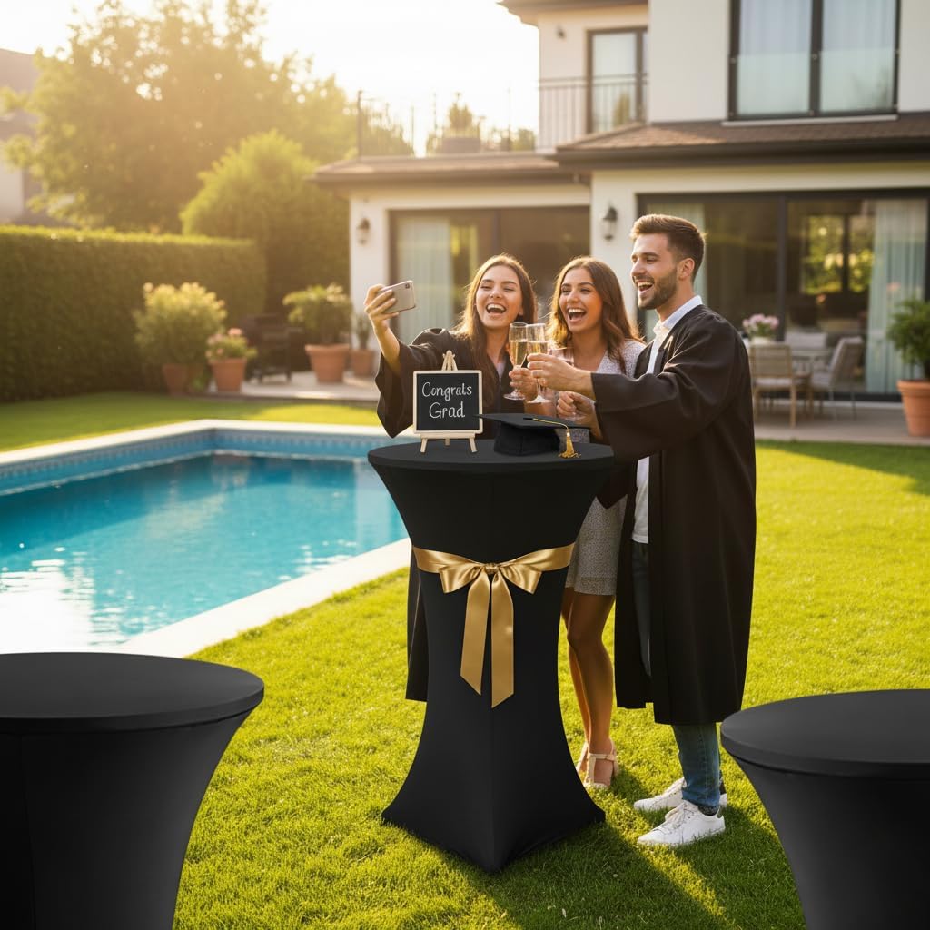 Cocktail Table Covers, 2 Pack - Fitted Stretch Spandex Square Corners Cocktail Tablecloths,High Top Table Cloths (Black, Fit for 30