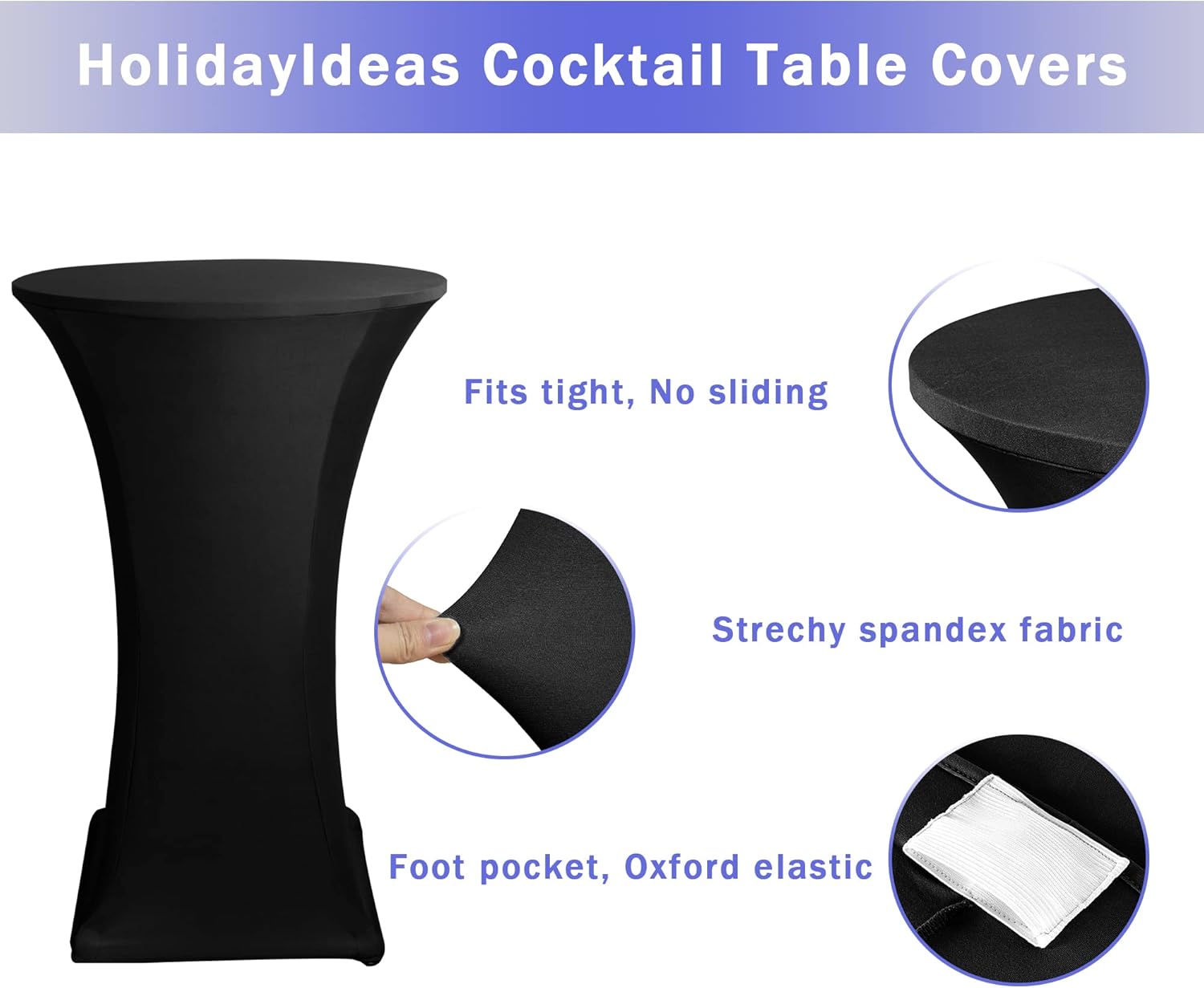 Cocktail Table Covers, 2 Pack - Fitted Stretch Spandex Square Corners Cocktail Tablecloths,High Top Table Cloths (Black, Fit for 30