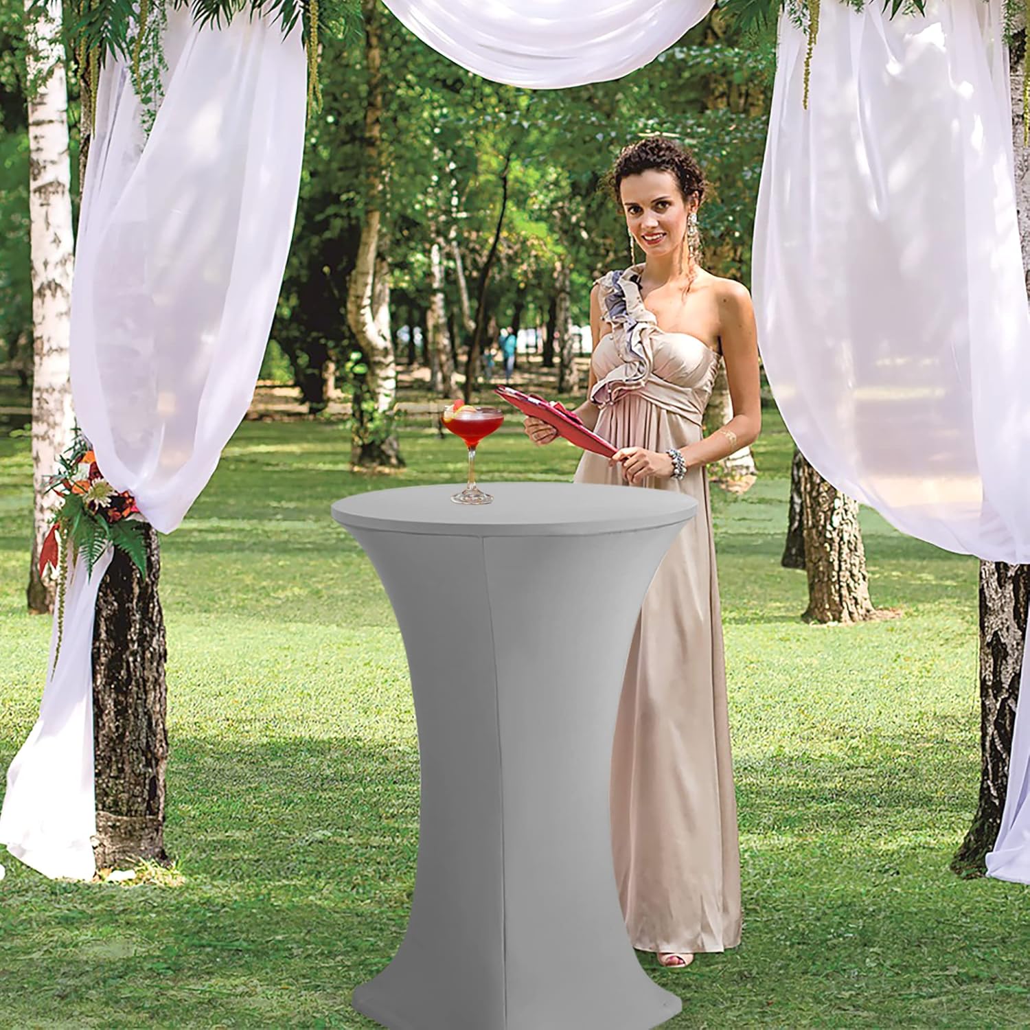 Cocktail Table Covers, 2 Pack - Fitted Stretch Spandex Square Corners Cocktail Tablecloths (Light Grey, Fit for 30