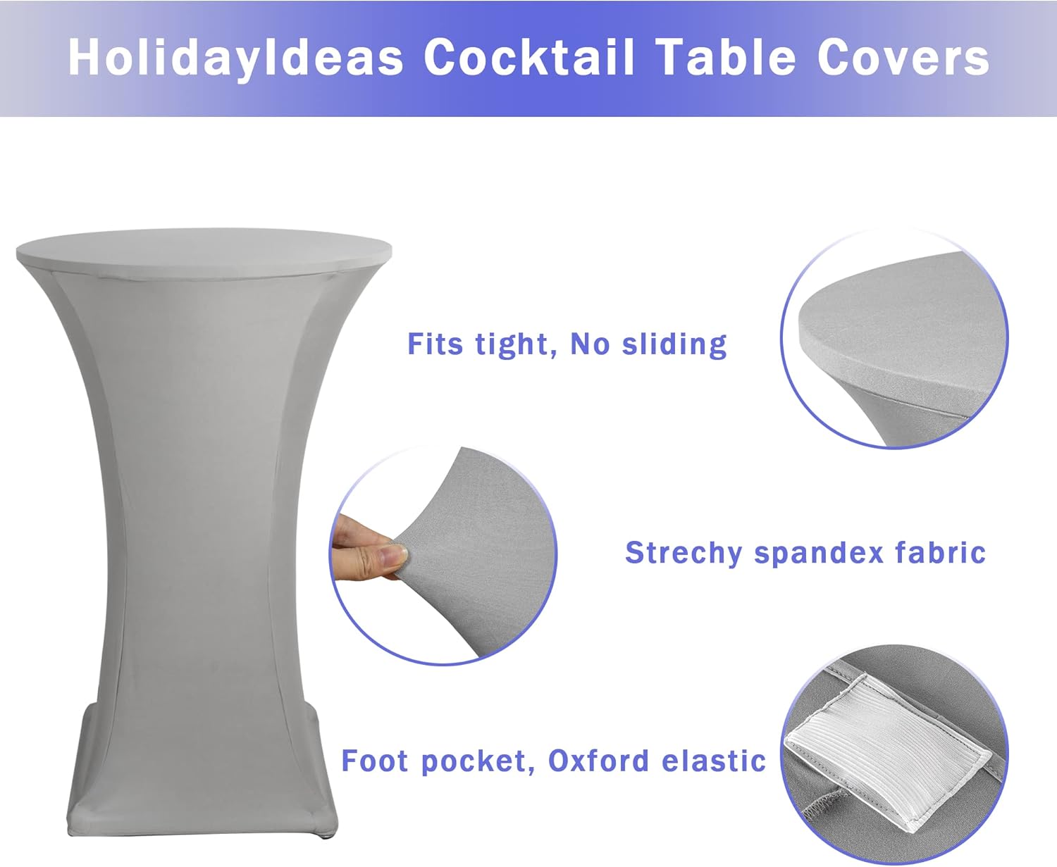 Cocktail Table Covers, 2 Pack - Fitted Stretch Spandex Square Corners Cocktail Tablecloths (Light Grey, Fit for 30