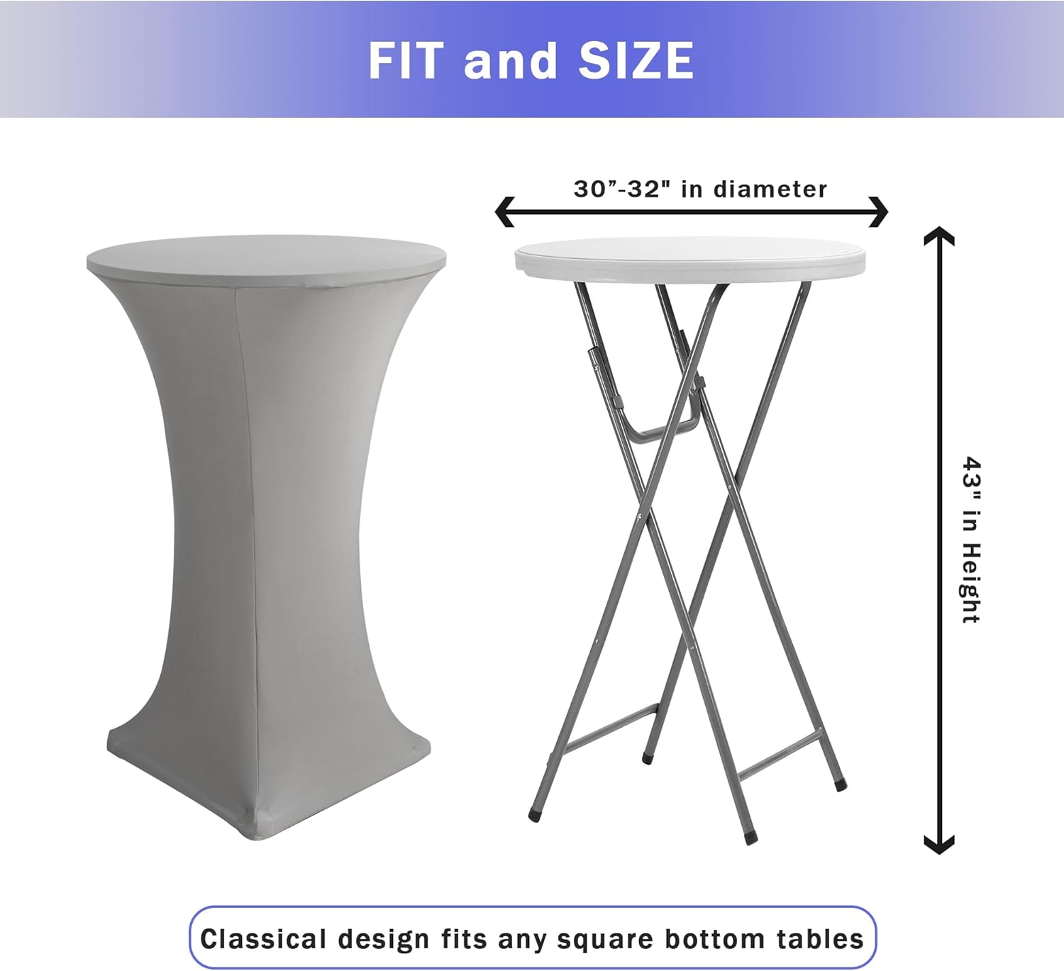 Cocktail Table Covers, 2 Pack - Fitted Stretch Spandex Square Corners Cocktail Tablecloths (Light Grey, Fit for 30