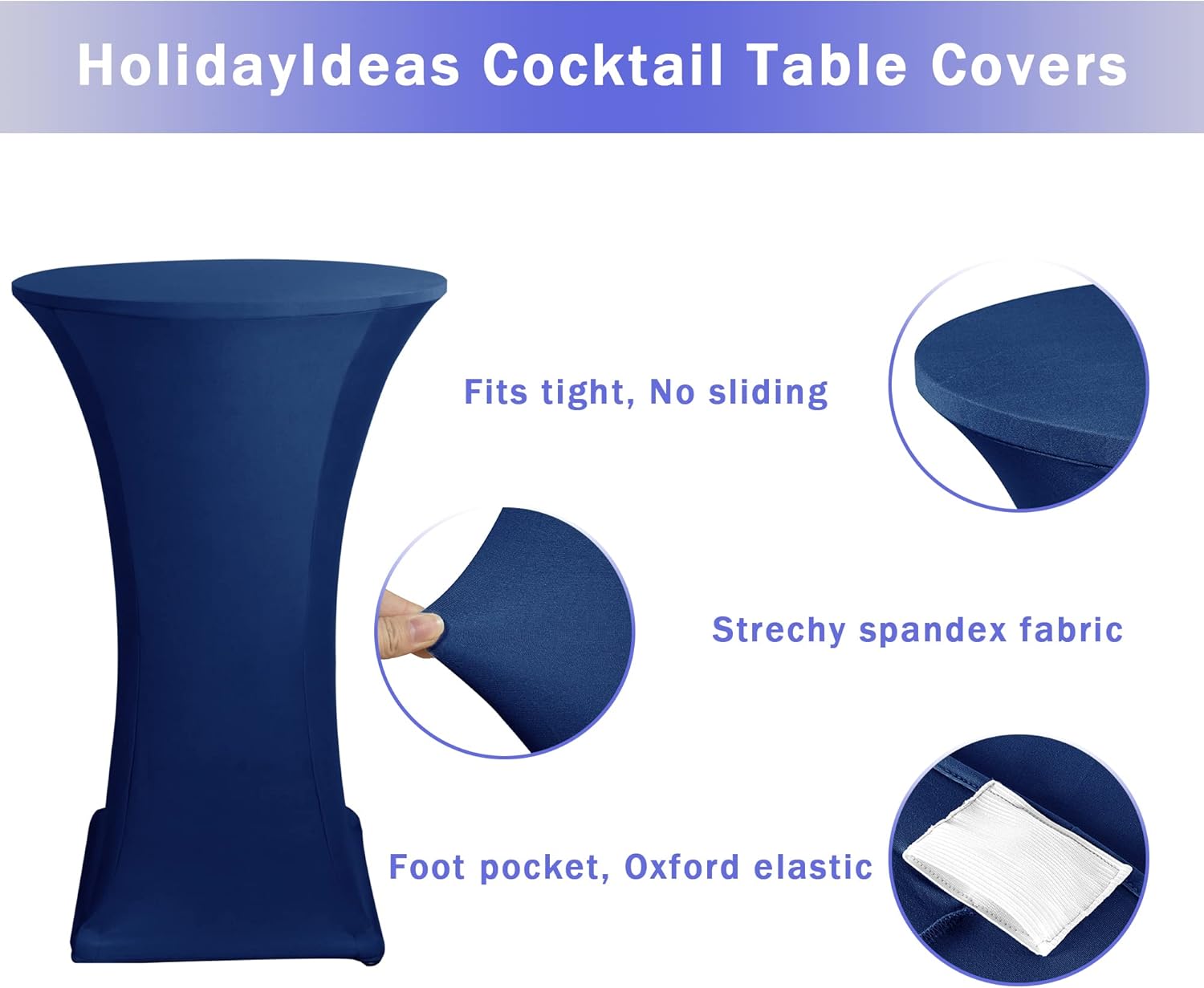 Cocktail Table Covers, 2 Pack - Fitted Stretch Spandex Square Corners Cocktail Tablecloths (Navy, Fit for 30