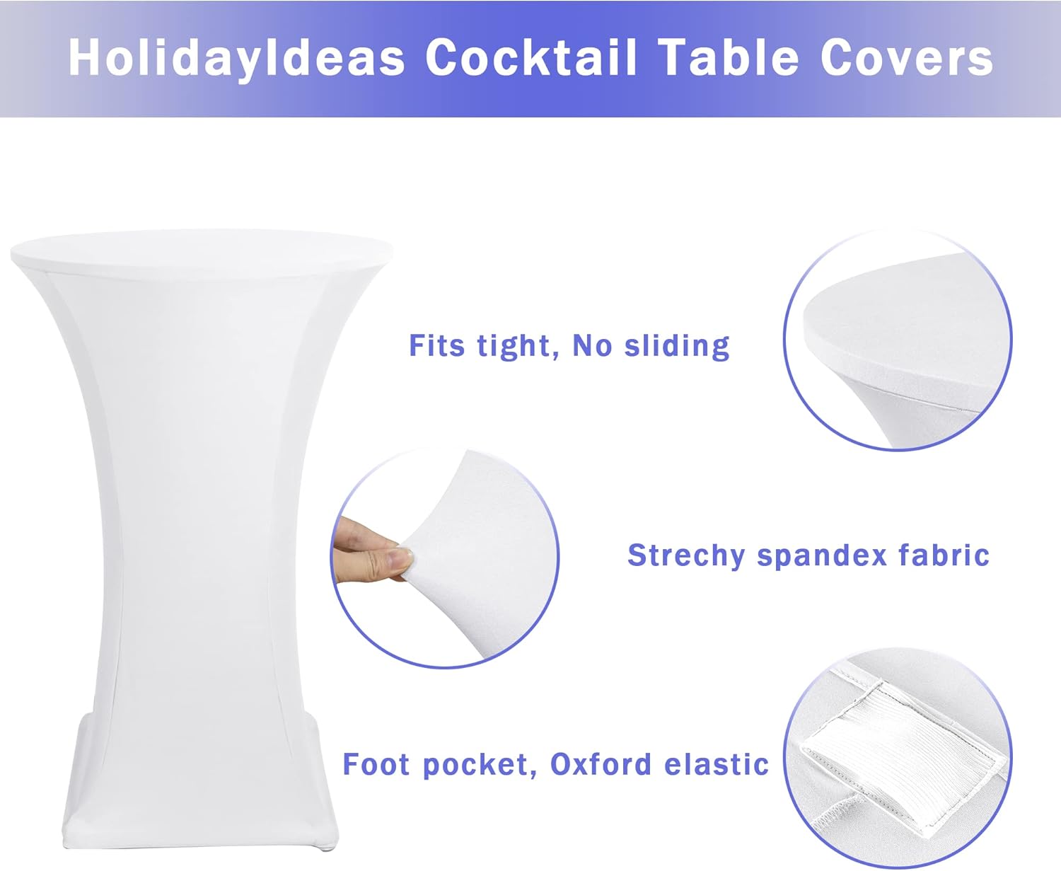 Cocktail Table Covers, 2 Pack - Fitted Stretch Spandex High Top Cocktail Tablecloths with Elastic Corners (White, Fit for 30