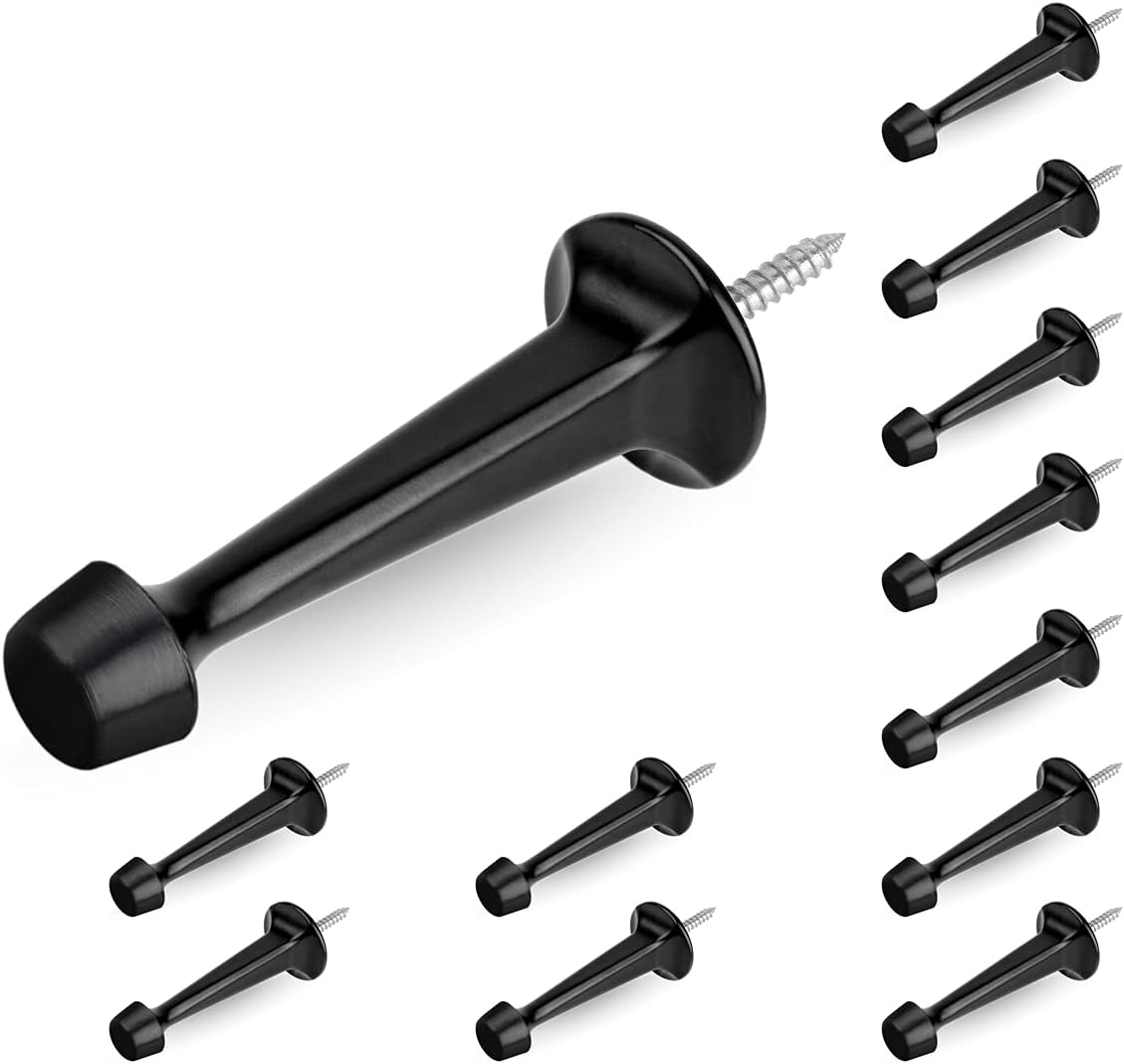 12 Pack Heavy Duty Solid Rigid Door Stop with Soft Rubber Tip, Zinc Die Cast Door Stopper Protect Wall & Door, Black - Image 1