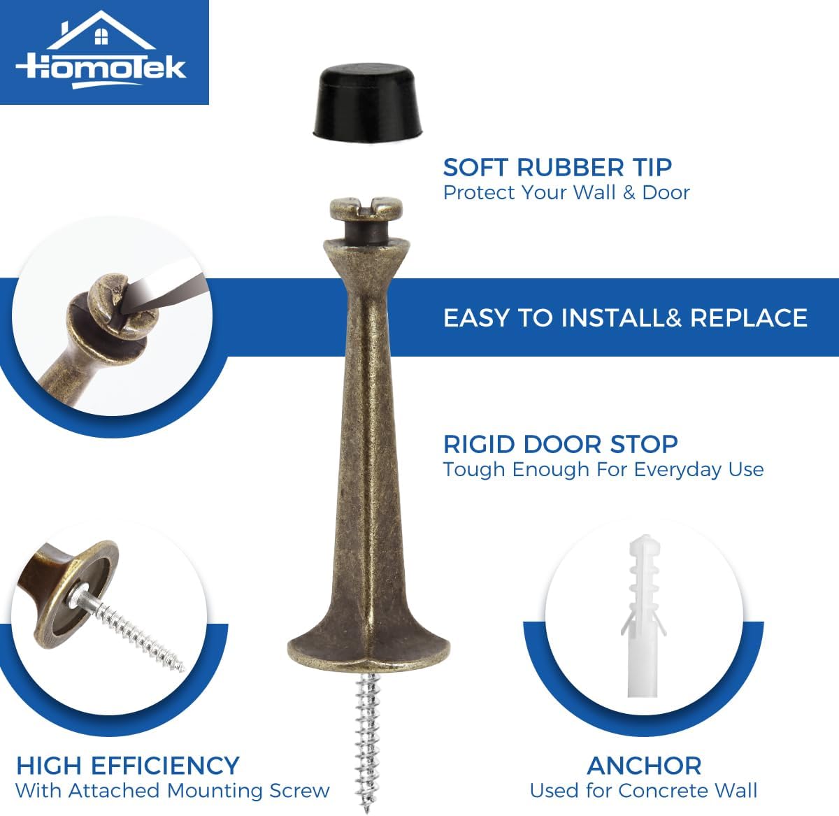 12 Pack Heavy Duty Solid Rigid Door Stop with Soft Rubber Tip, Zinc Die Cast Door Stopper Protect Wall & Door,Antique Brass - Image 3