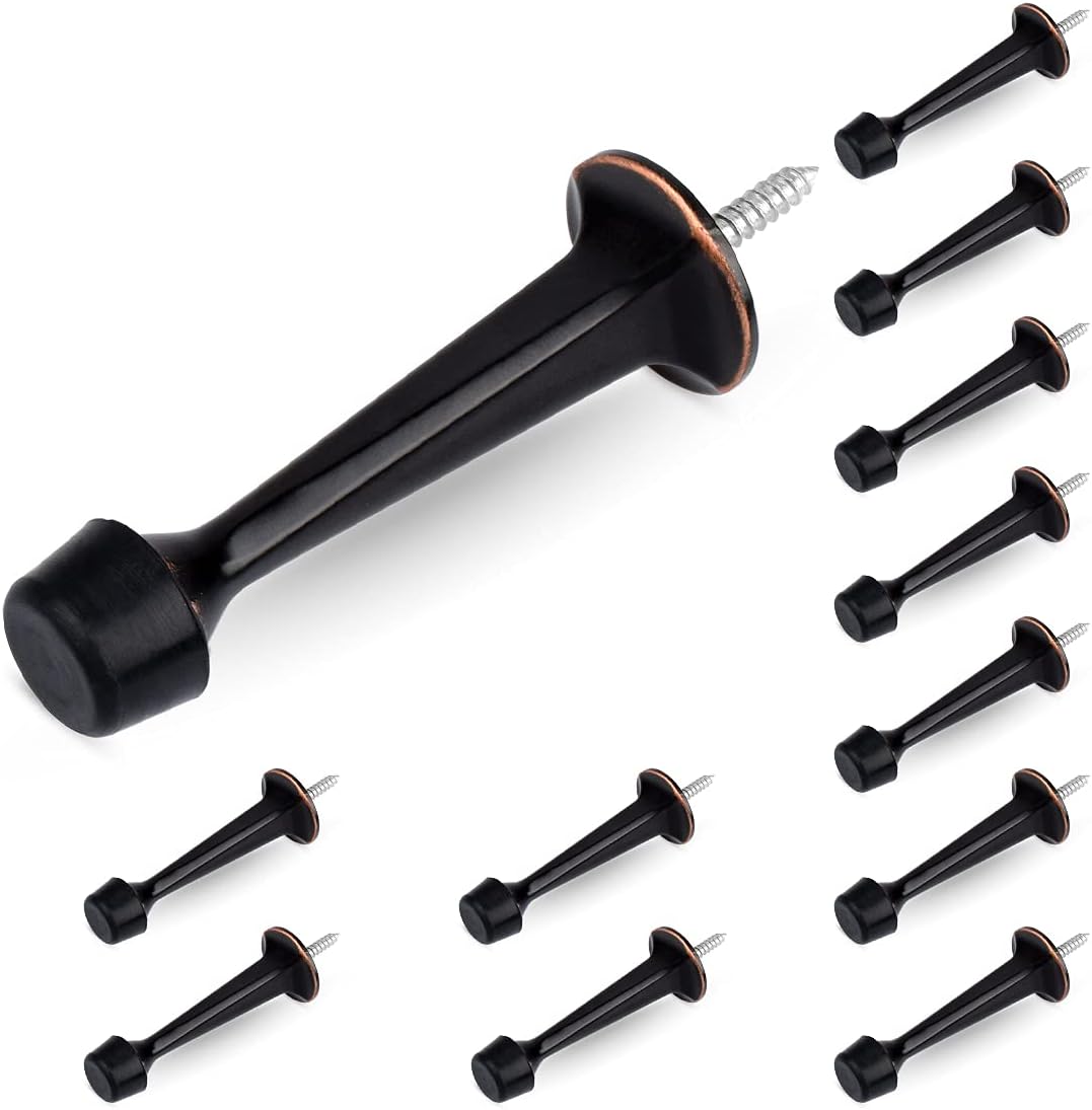 12 Pack Heavy Duty Solid Rigid Door Stop with Soft Rubber Tip, Zinc Die Cast Door Stopper Protect Wall & Door, Oil Rubbed Bronze - Image 1