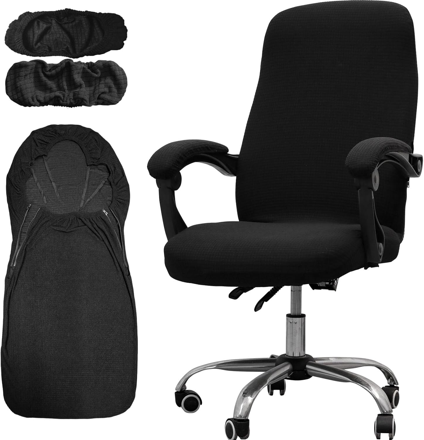 Office Chair Cover with Armrest Covers， Universal Stretch Desk Chair Cover, Computer Chair Slipcovers (Size: L) - Black - Image 1