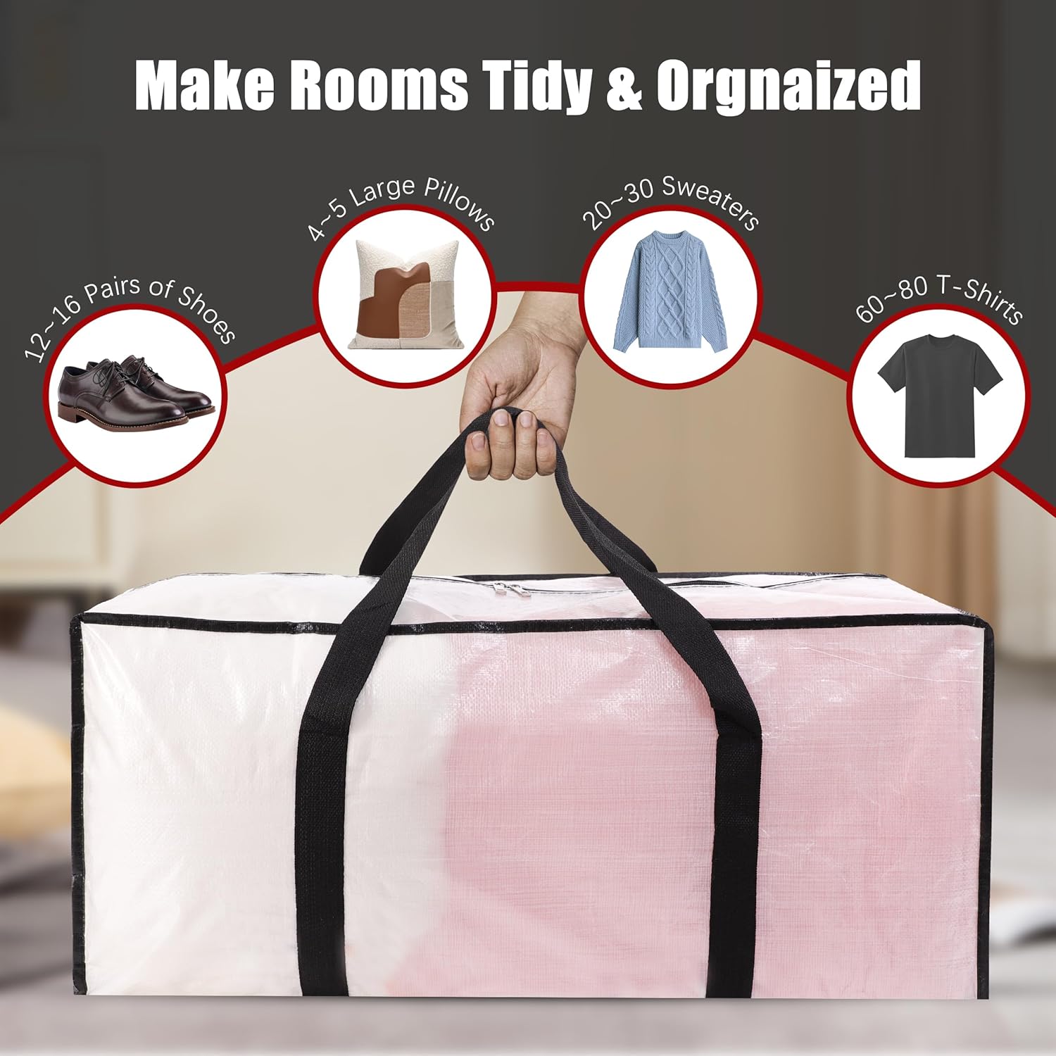 Extra Large Moving Bags with Zippers & Carrying Handles, Heavy-Duty Storage Tote for Space Saving Moving Storage, Fold Flat, Alternative to Box and Bin - 8 Pack, Semi-Transparent - Image 4