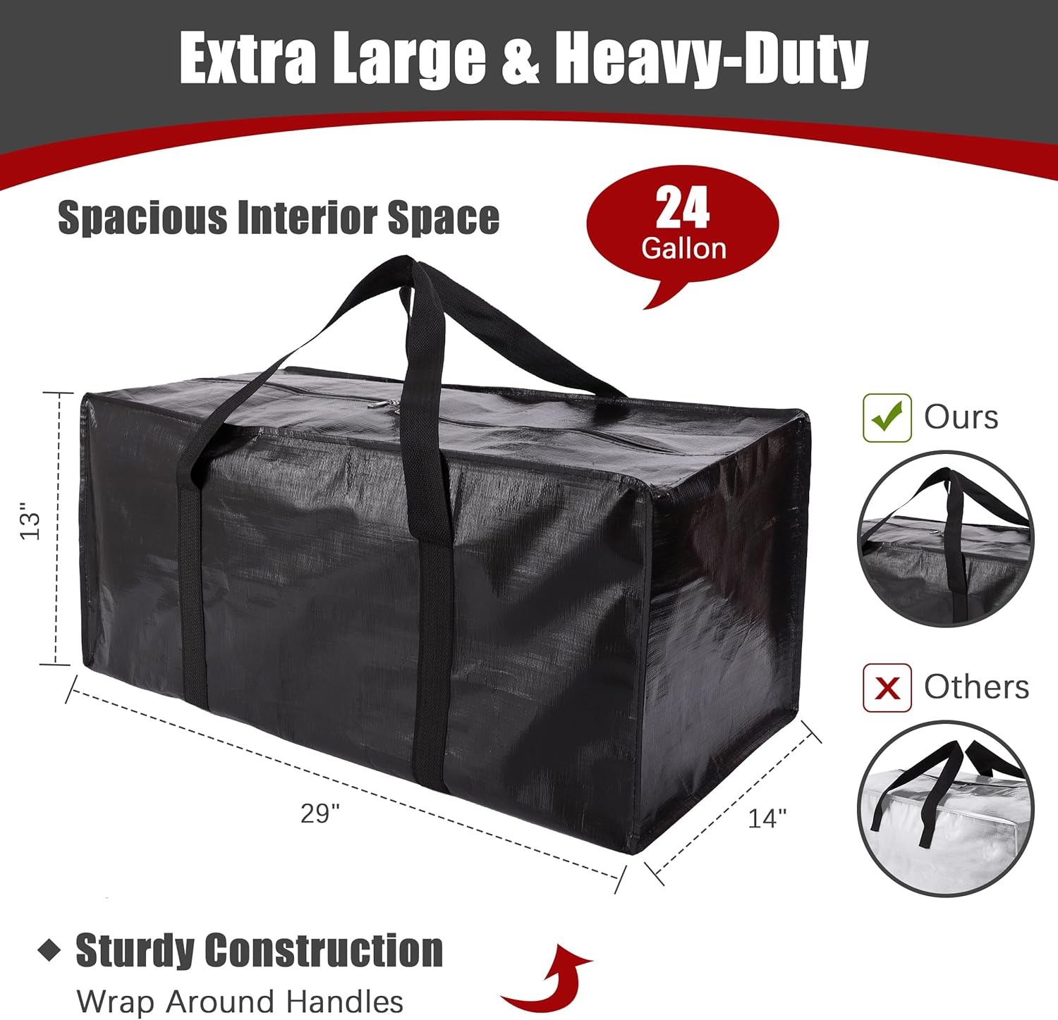 Extra Large Moving Bags with Zippers & Carrying Handles, Heavy-Duty Storage Tote for Space Saving Moving Storage, Fold Flat, Alternative to Box and Bin - 8 Pack, Black - Image 2