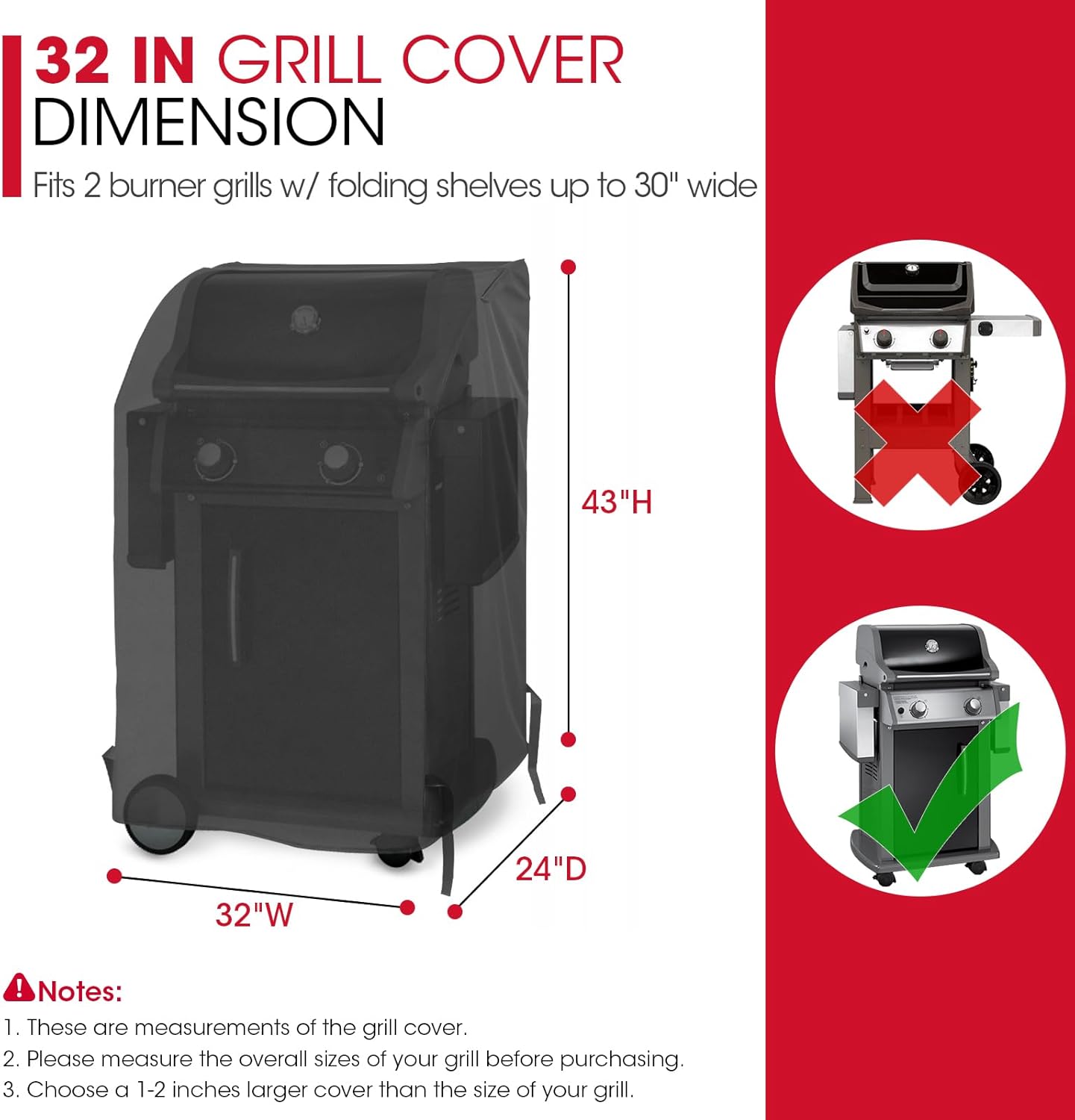 32 Inch Small Grill Cover, Heavy Duty Waterproof 2 Burner Gas BBQ Cover, Compatible with Weber Char-Broil Nexgrill KitchenAid Grills with Both Side Tables Down, All Weather Protection - Image 2