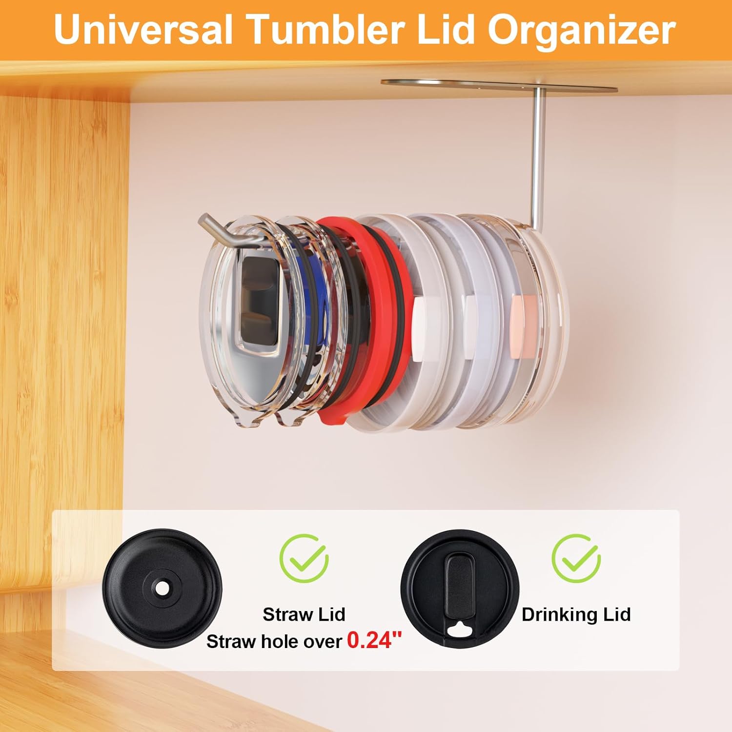 4 Pack Tumbler Lid Organizer, Space Saving Cup Lid Organizer for Yeti/Stanley/Simple Modern Tumbler Lids, Self-Adhesive or Drilling Tumbler Lid Hook for Kitchen Organizers and Storage - Image 3