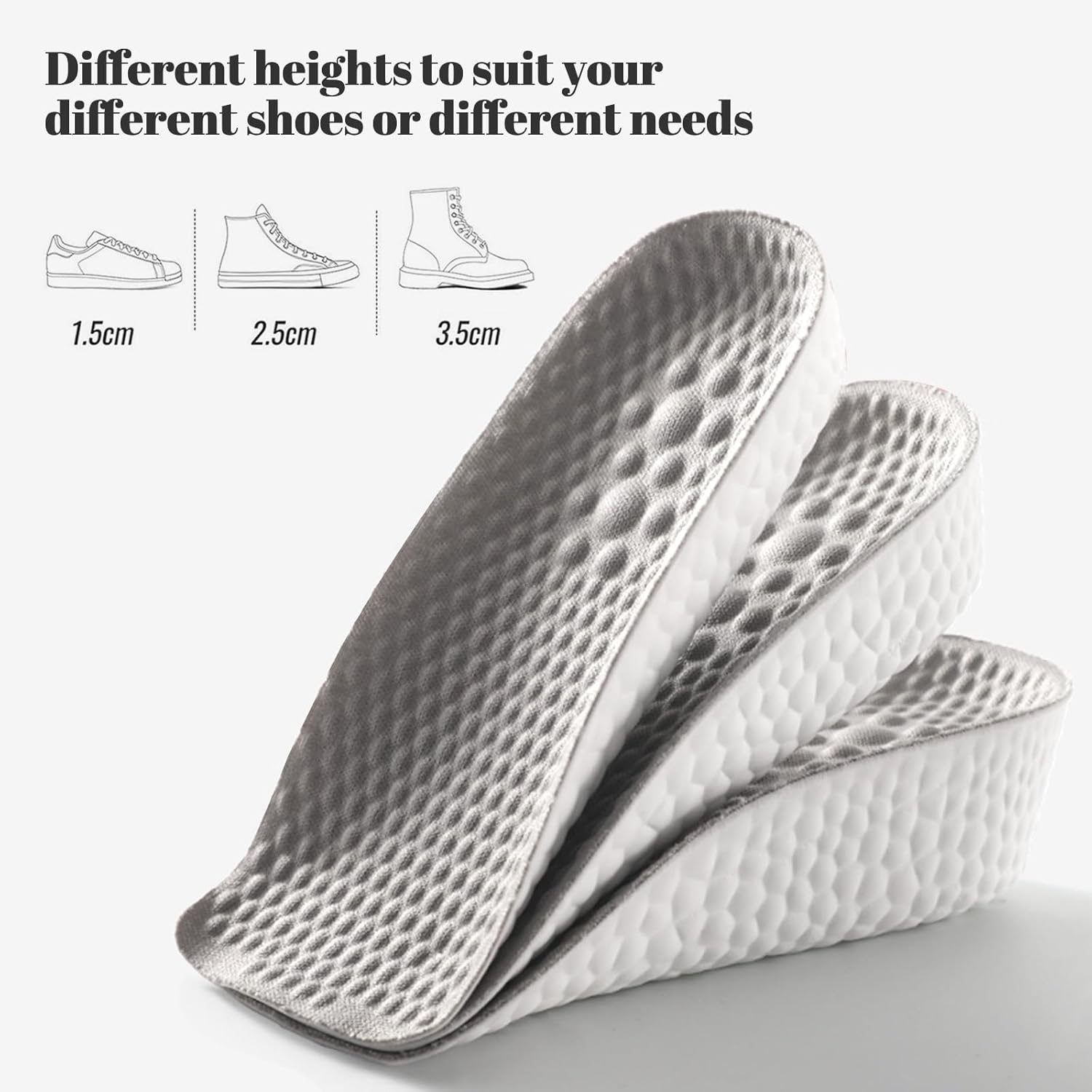 Height Increase Insoles for Men and Women, Foot Arch Contour Shoes Lifts for Men Orthopedic Heel Lift Cushion Gel Leg Discrepancy Balancer (Grey,3 Pairs - 1.5cm 2.5cm 3.5cm) (Grey) - Image 2