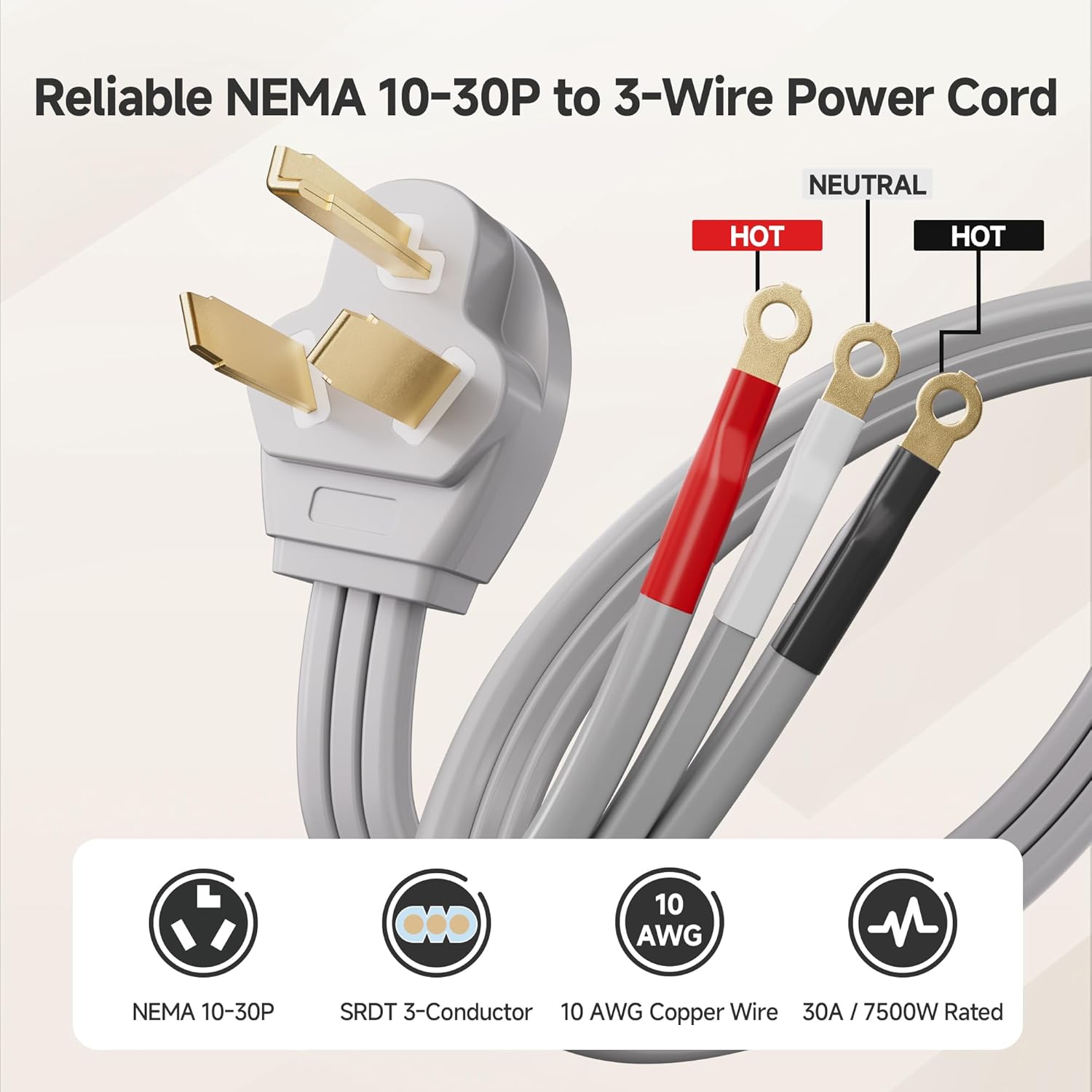 10 AWG 3 Prong Dryer Cord - 10ft, 30A / 7500W Rated, NEMA 10-30P to 3-Wire Appliance Cord, Dryer Plug 3 Prong, Gray - Image 2