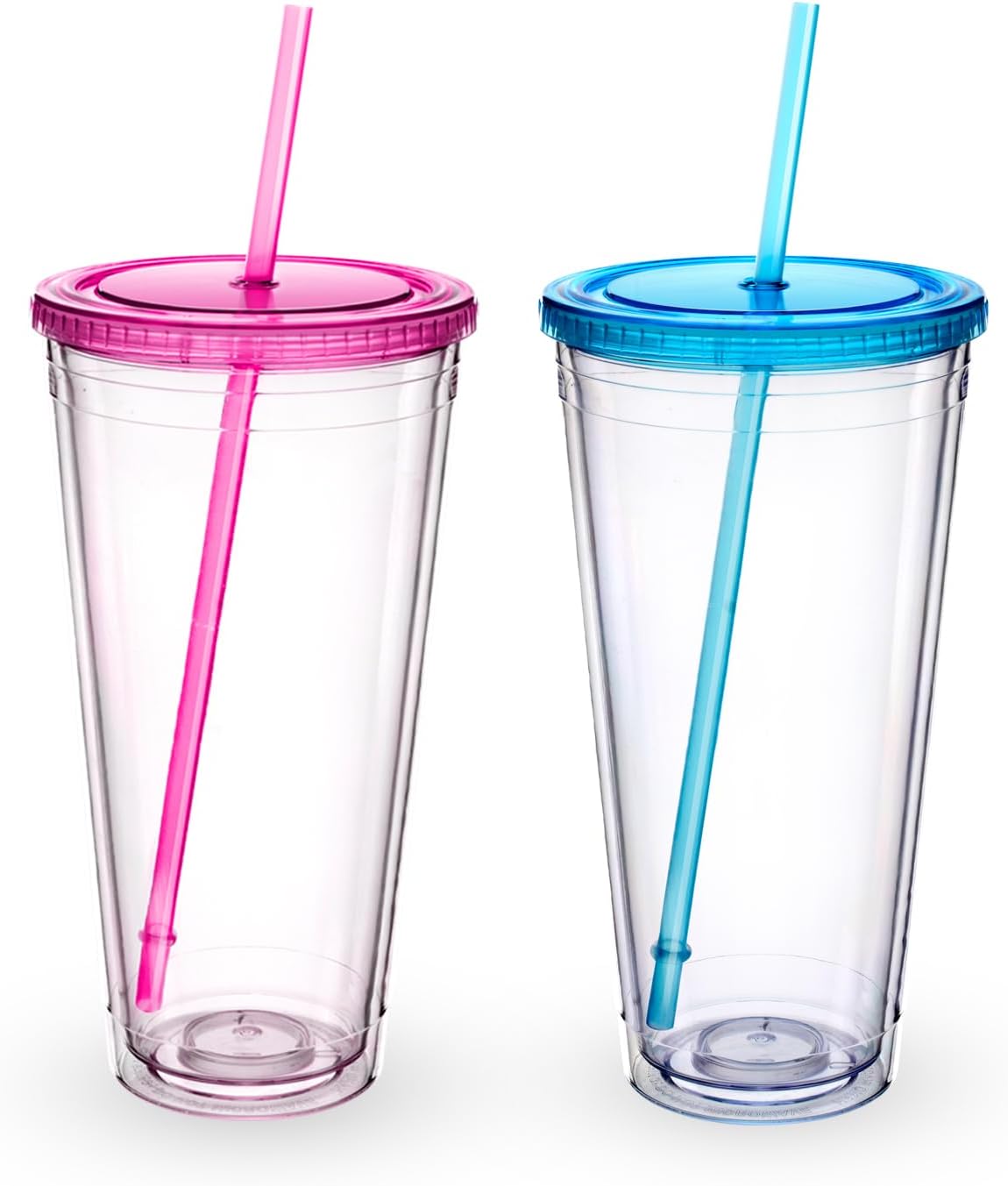 Clear Acrylic Tumbler with Straw and Lid 32 oz, Double Walled Insulated Reusable Plastic Iced Coffee Cup, To Go Cup Perfect for Parties, Birthdays, Fit in Cupholder, BPA Free, Red & Blue 2 Pack - Image 1