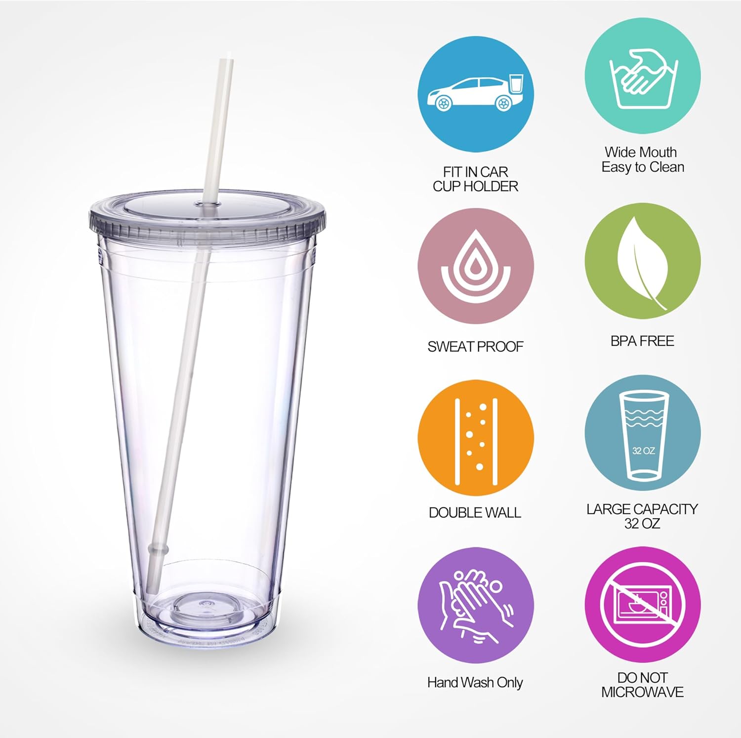 Clear Acrylic Tumbler with Straw and Lid 32 oz, Double Walled Insulated Reusable Plastic Iced Coffee Cup, To Go Cup Perfect for Parties, Birthdays, Fit in Cupholder, BPA Free, Red & Blue 2 Pack - Image 2