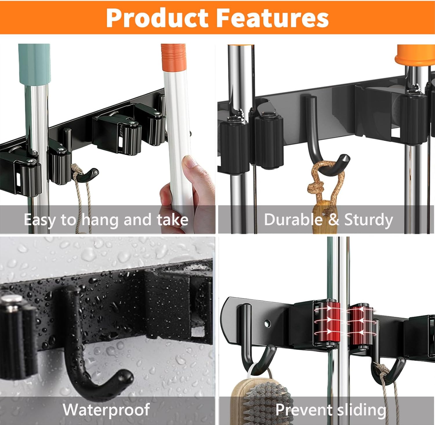 2 Pack Mop and Broom Holder Wall Mount, Non-slip Broom Hanger Wall Mount, Heavy Duty Mop Broom Organizer for Kitchen Garden Garage Laundry Room Wall Decor Organization and Storage Black 3R4H - Image 3