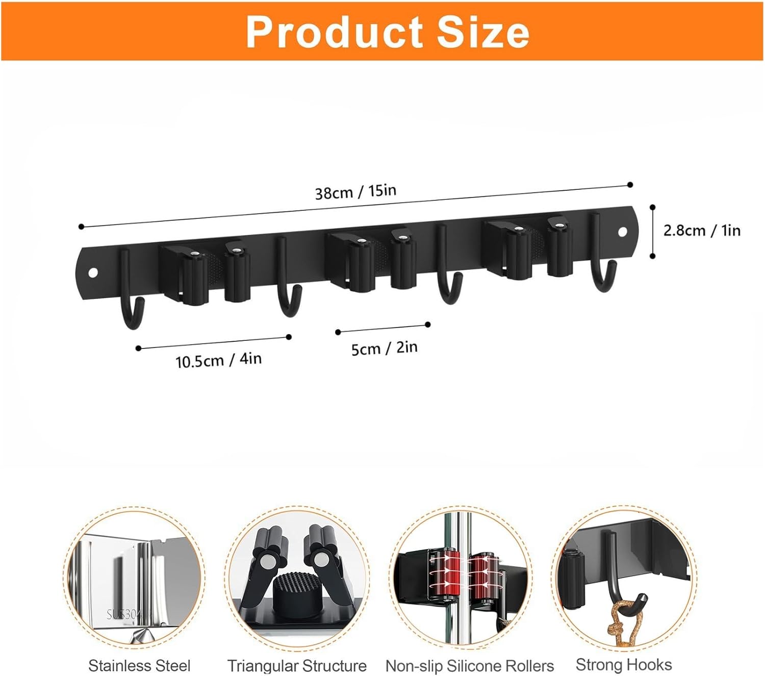2 Pack Mop and Broom Holder Wall Mount, Non-slip Broom Hanger Wall Mount, Heavy Duty Mop Broom Organizer for Kitchen Garden Garage Laundry Room Wall Decor Organization and Storage Black 3R4H - Image 4