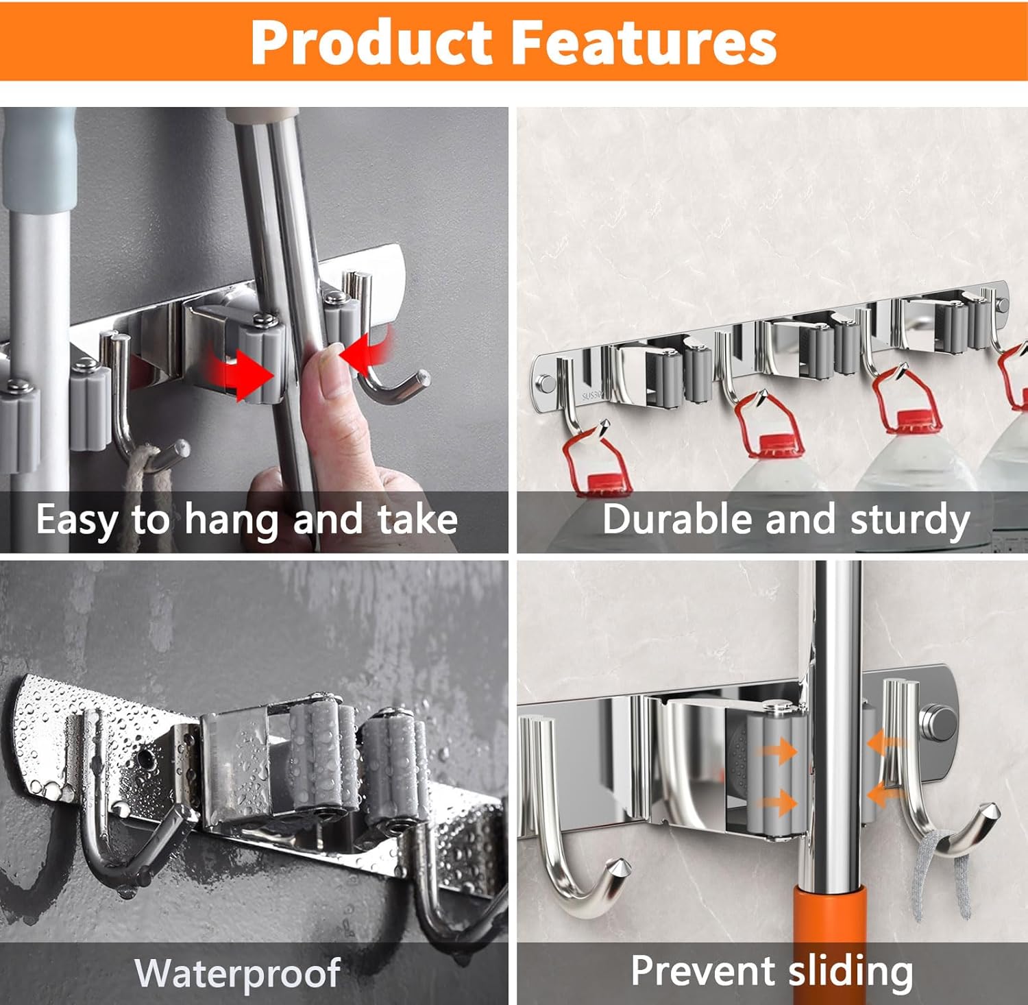 2 Pack Mop and Broom Holder Wall Mount, Non-slip Broom Hanger, Heavy Duty Mop Broom Organizer for Kitchen Garden Garage Laundry Room Wall Decor Organization and Storage Silver 3R4H - Image 5