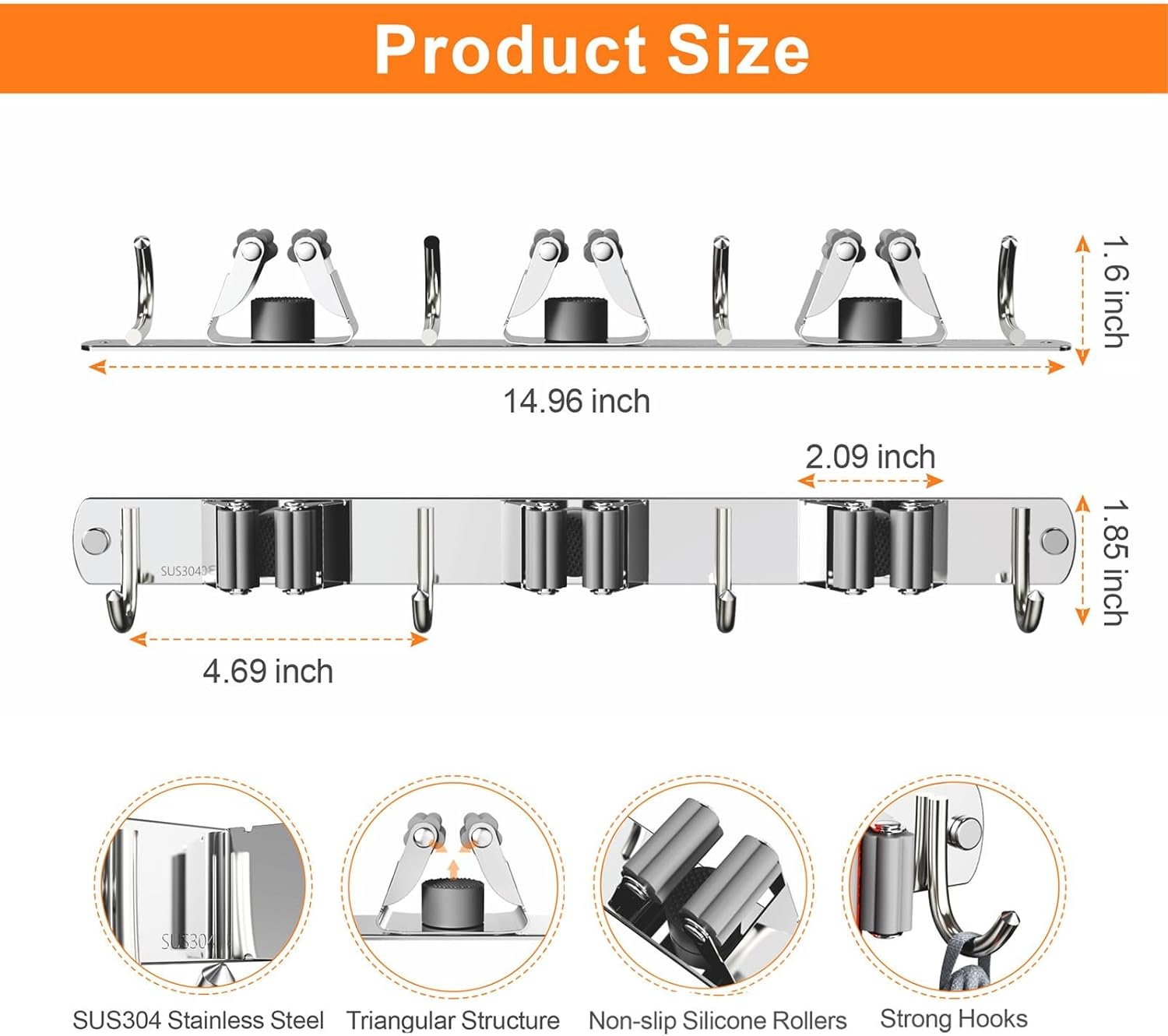 2 Pack Mop and Broom Holder Wall Mount, Non-slip Broom Hanger, Heavy Duty Mop Broom Organizer for Kitchen Garden Garage Laundry Room Wall Decor Organization and Storage Silver 3R4H - Image 7