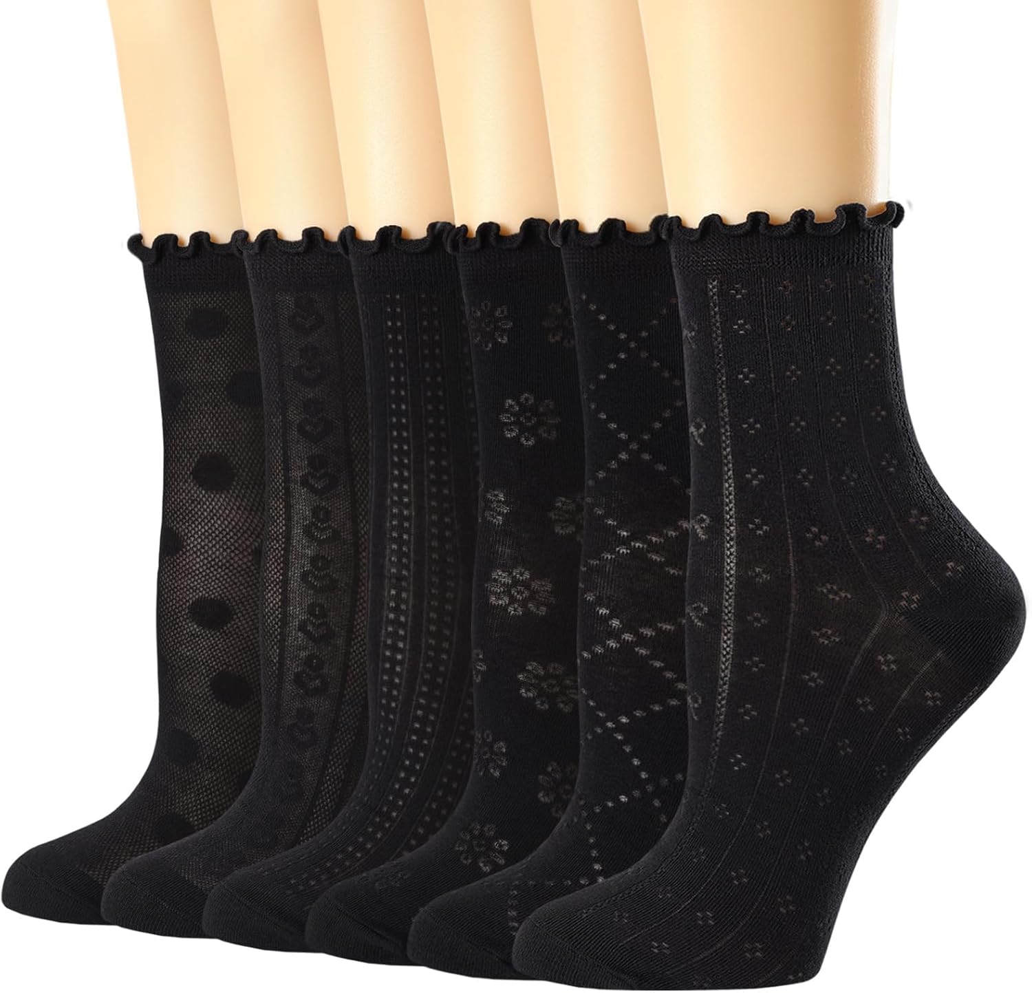 Women's Ruffle Socks Casual Lace Cotton Crew Summer Ultra Thin Cute Frilly Ankle Socks for Women 6 Pairs - Image 1