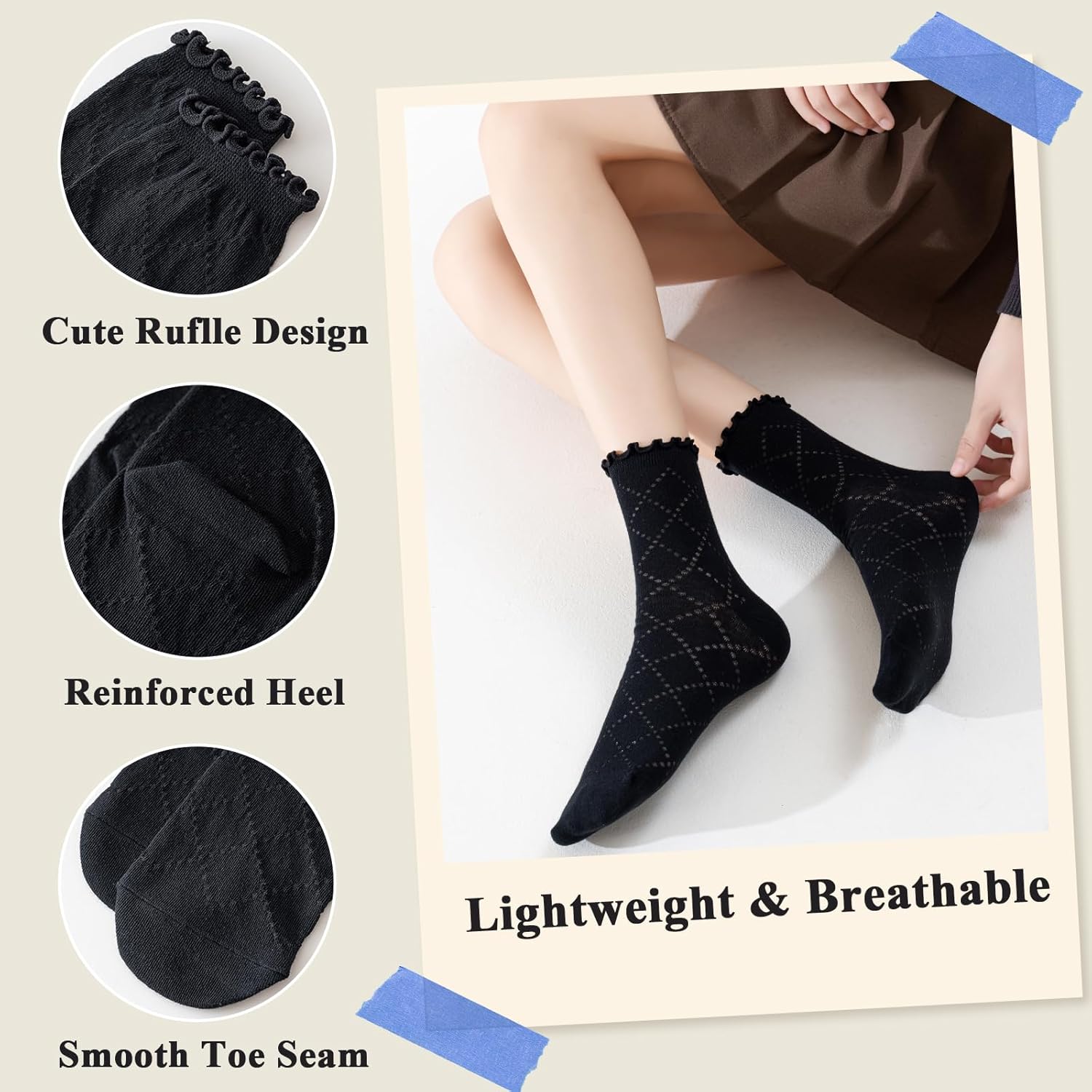 Women's Ruffle Socks Casual Lace Cotton Crew Summer Ultra Thin Cute Frilly Ankle Socks for Women 6 Pairs - Image 3