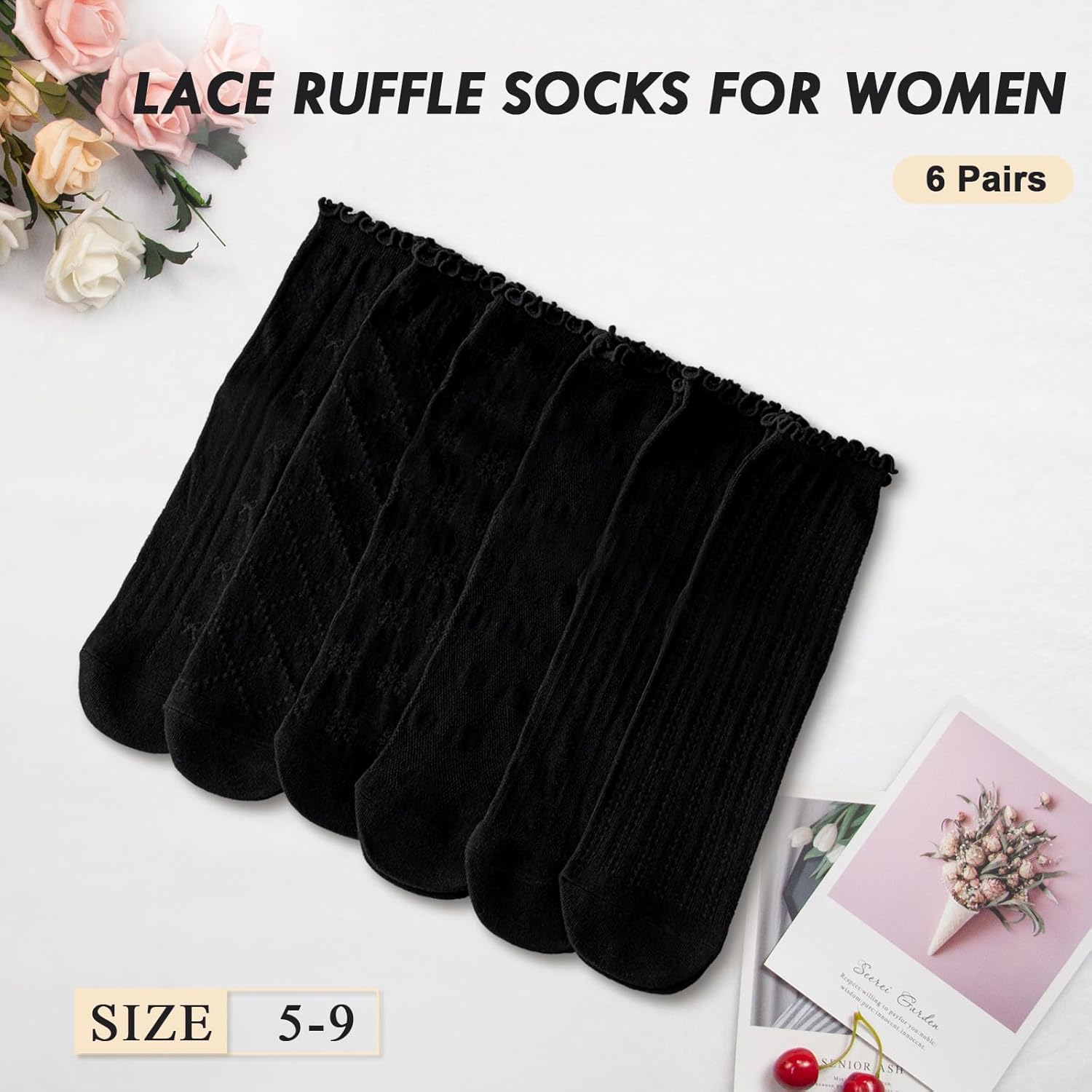 Women's Ruffle Socks Casual Lace Cotton Crew Summer Ultra Thin Cute Frilly Ankle Socks for Women 6 Pairs - Image 7
