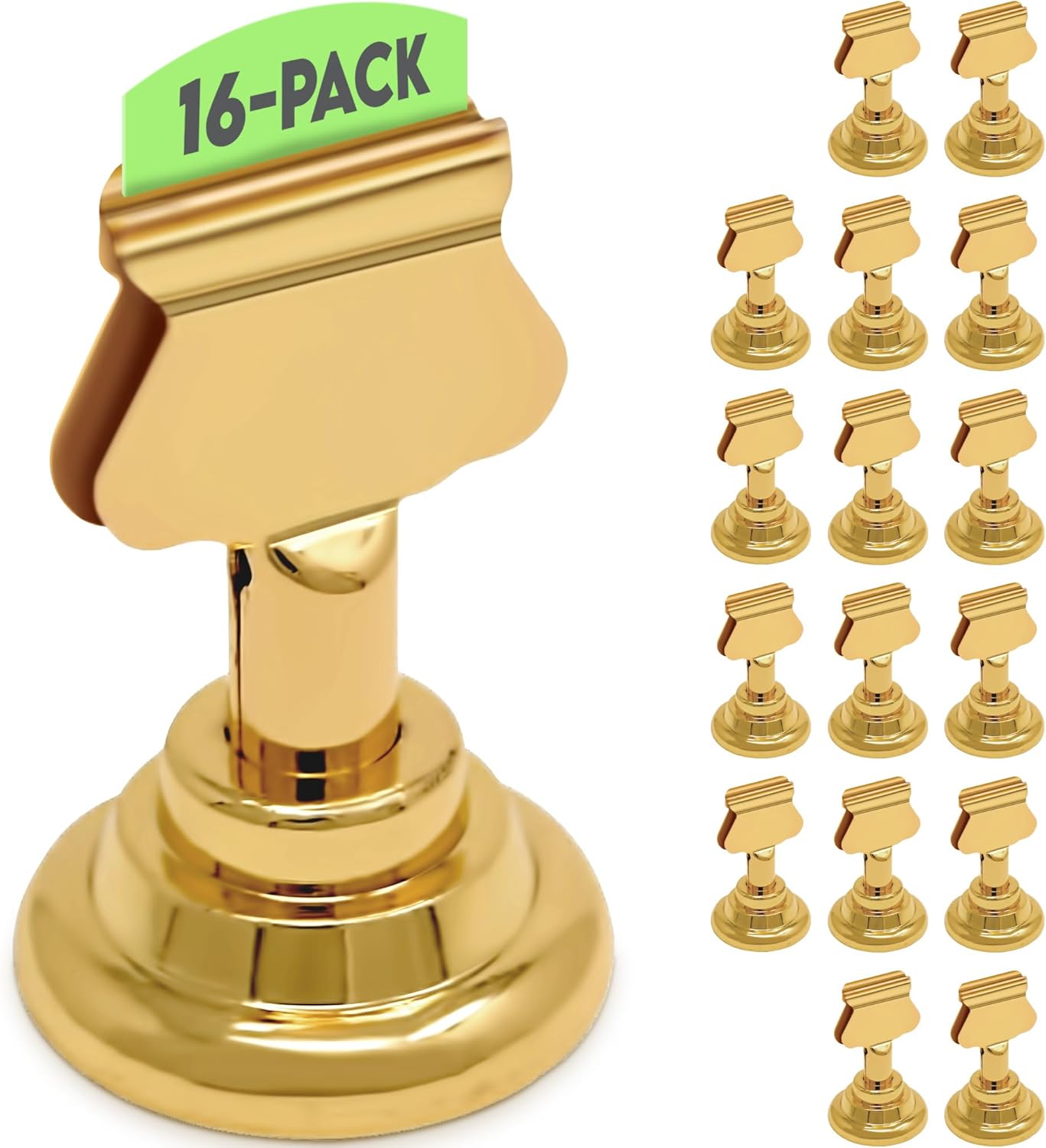 Table Number Holders (16pc) Premium Gold Metal Place Card Holders for Wedding Party Table Decor Card Holder (1.7 inch tall) - Image 1