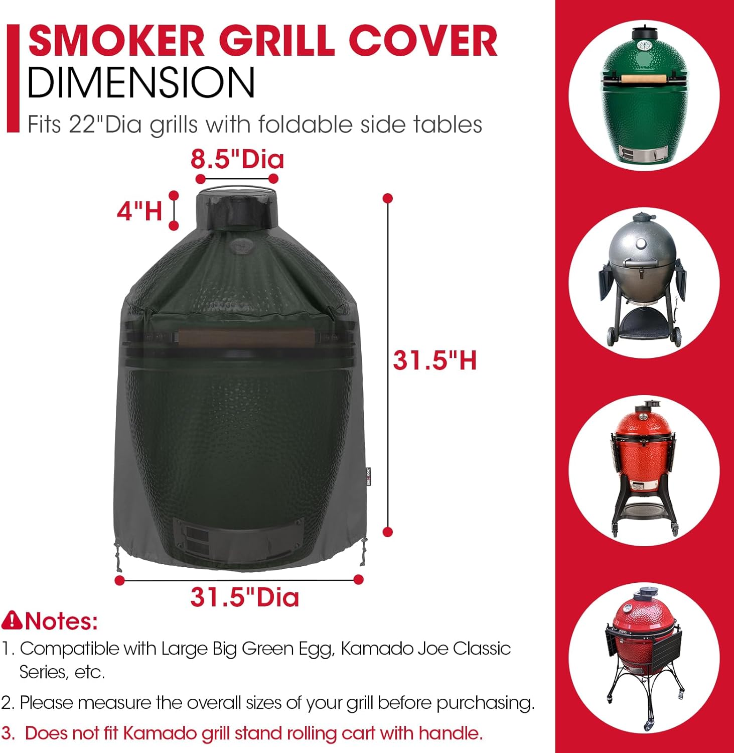 Grill Cover 31.5 Inch, Compatible with Large Big Green Egg, Kamado Joe and Pit Boss Ceramic Grills, Heavy Duty Waterproof BBQ Cover, Fade Resistant Round Smoker Protector, 31.5