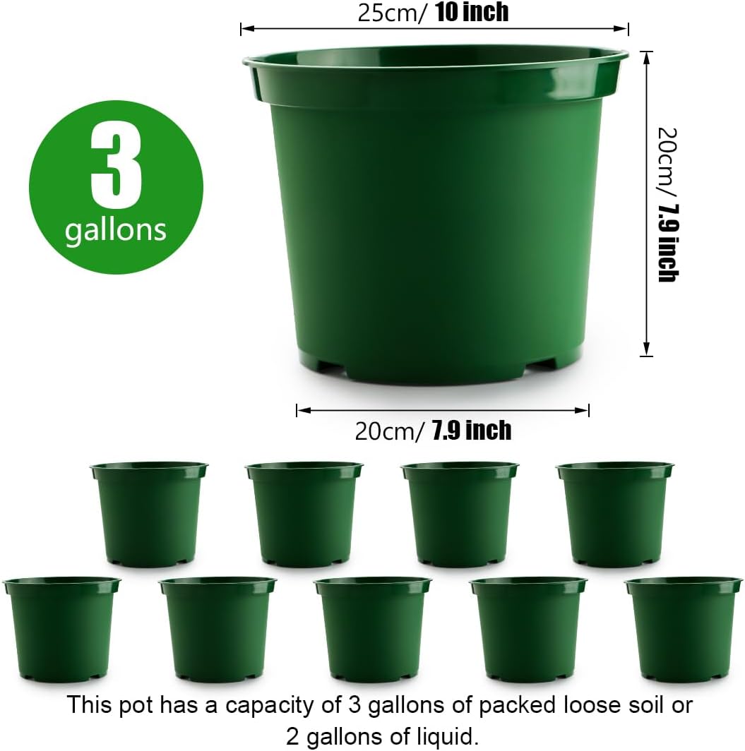 3 Gallon Plastic Nursery Pots, 10 Inch Round Plant Pots with Drainage Holes, 10 Pack Planting Pot for Outdoor Indoor Plants, Gardening Gifts for Women, Green - Image 2