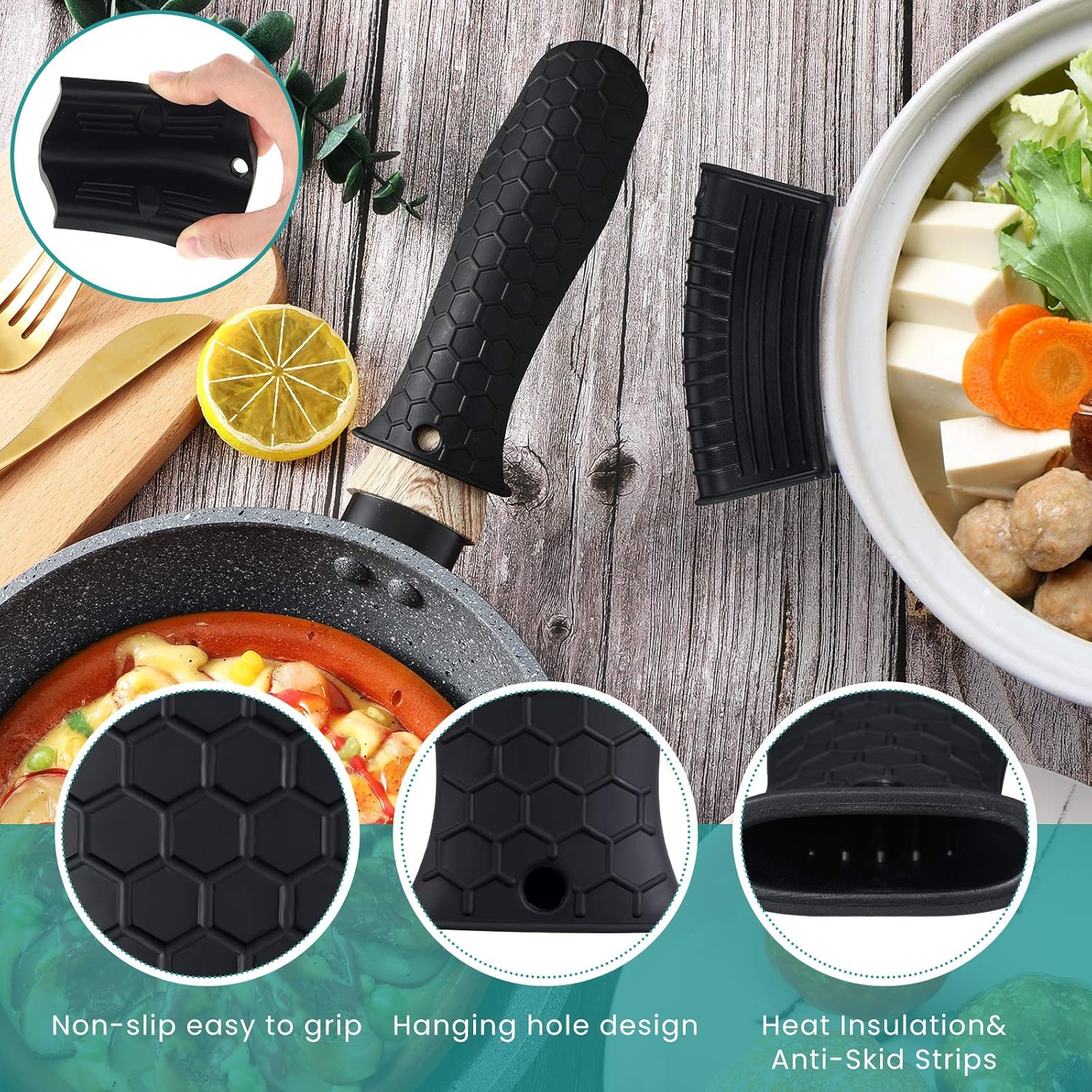 8 Pcs Silicone Pot Holders Set Cast Iron Handle Cover Heat Resistant Pot Handle Covers Potholder Non Slip Reusable Pan Sleeve for Frying Pan Kitchen Supplies(Black) - Image 3