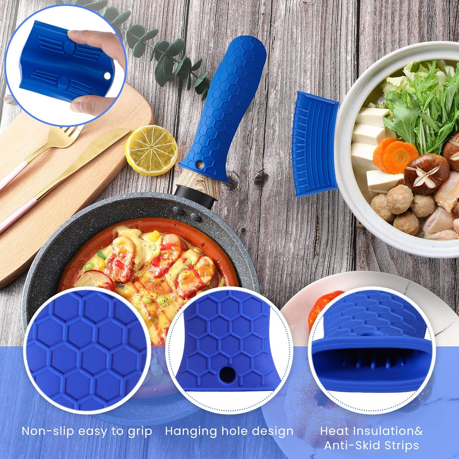 8 Pcs Silicone Pot Holders Set Cast Iron Handle Cover Heat Resistant Pot Handle Covers Potholder Non Slip Reusable Pan Sleeve for Frying Pan Kitchen Supplies(Blue) - Image 3