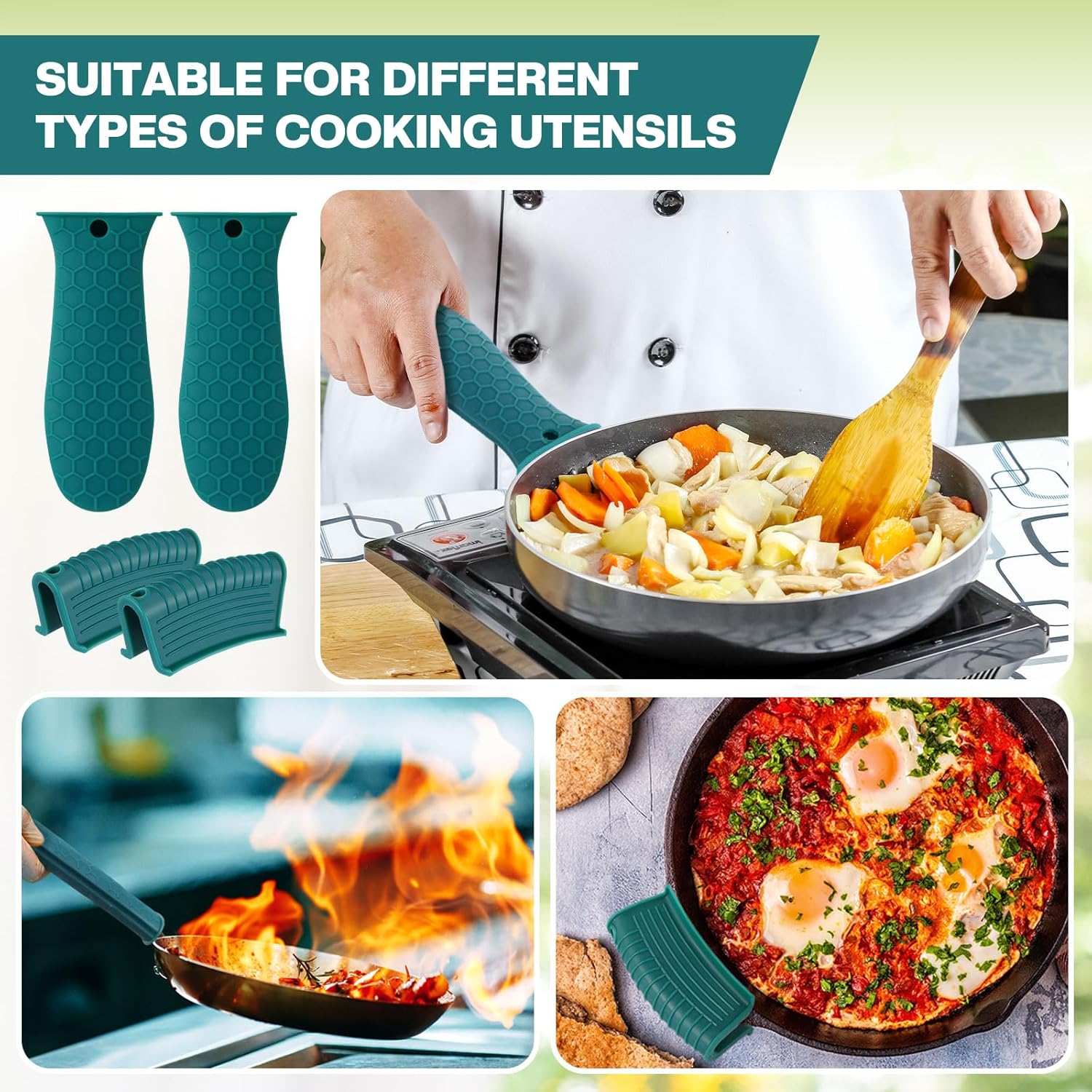 8 Pcs Silicone Pot Holders Set Cast Iron Handle Cover Heat Resistant Pot Handle Covers Potholder Non Slip Reusable Pan Sleeve for Frying Pan Kitchen Supplies(Green) - Image 3
