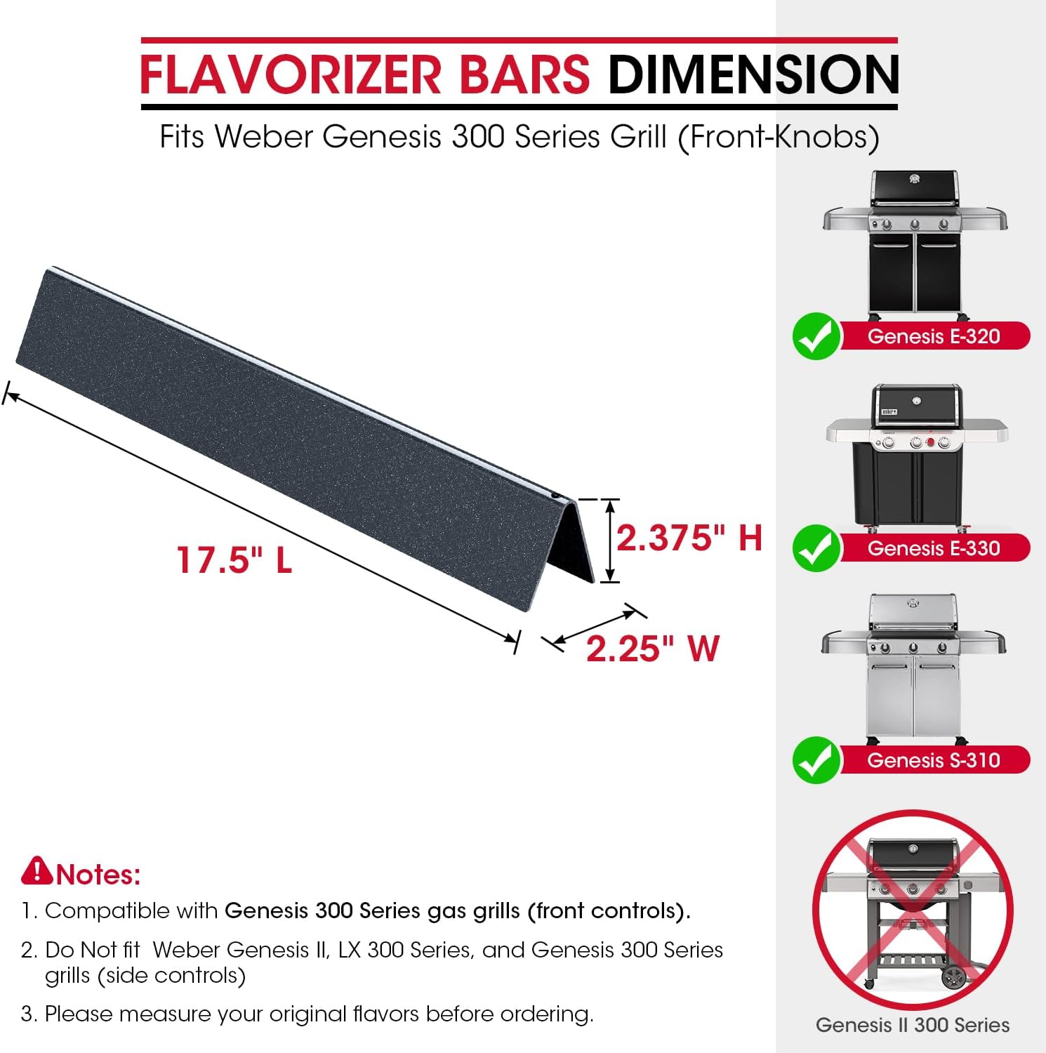 7620 Flavorizer Bars for Weber Genesis 300 Series, E-310 E-330 Grills with Front Control(2011-2016), 17.5 Inch Porcelain Steel Flavor Bars, Grill Burner Cover Replacement Parts - Image 2