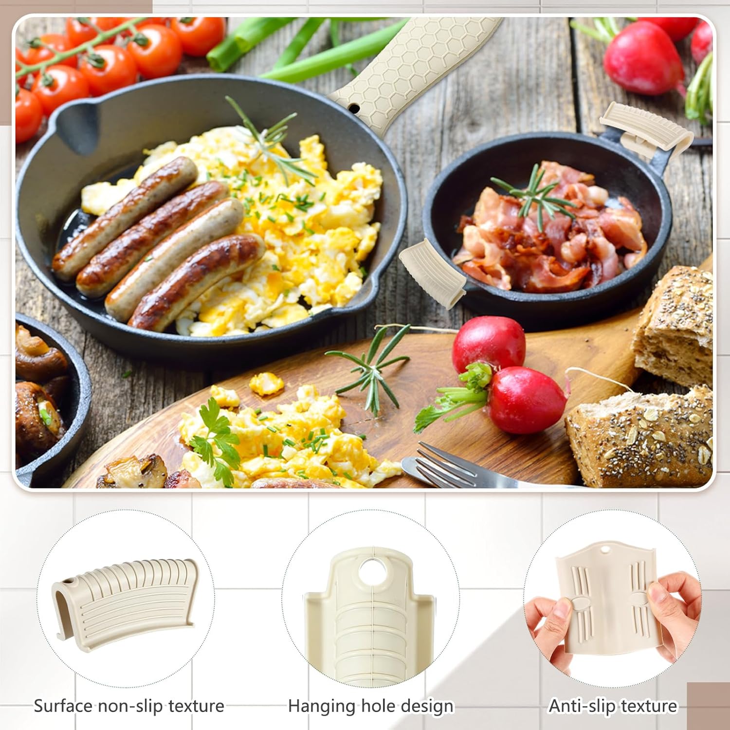 8 Pcs Silicone Pot Holders Set Cast Iron Handle Cover Heat Resistant Pot Handle Covers Potholder Non Slip Reusable Pan Sleeve for Frying Pan Kitchen Supplies(Khaki) - Image 2