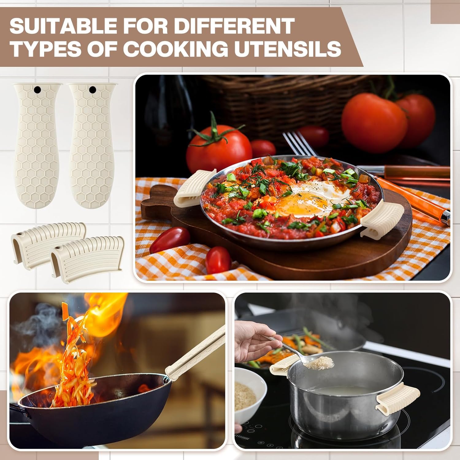 8 Pcs Silicone Pot Holders Set Cast Iron Handle Cover Heat Resistant Pot Handle Covers Potholder Non Slip Reusable Pan Sleeve for Frying Pan Kitchen Supplies(Khaki) - Image 3
