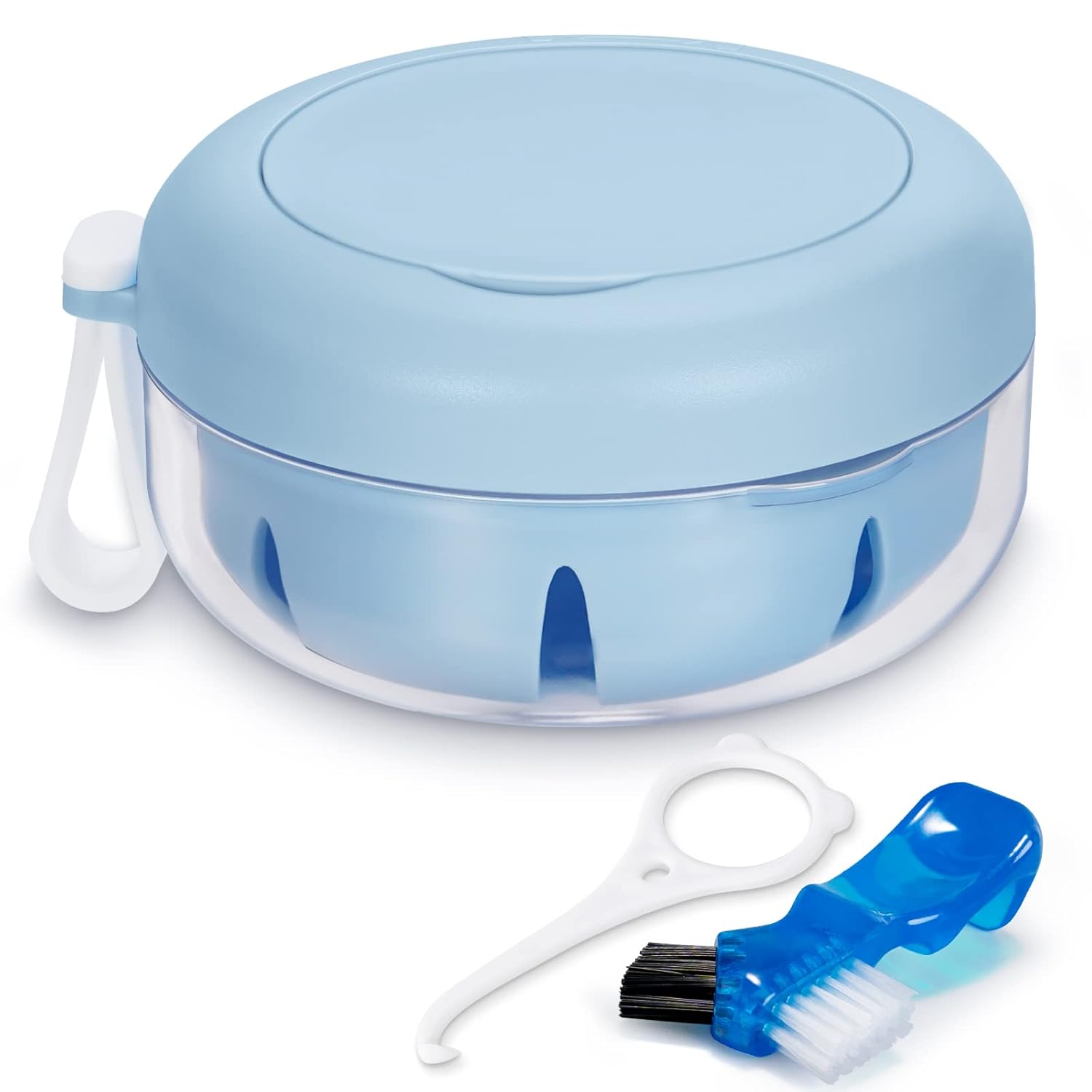 Leak Proof Denture Cup Kit Portable Retainer Case Perfect for Travel, Denture Case Container Cleaning Care for Dentures Aligner Mouth Guard with Denture Brush,Strainer, Removal Tool and Mirror - Image 1
