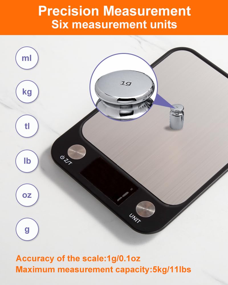 Food Scale,Digital Kitchen Scale, Stainless Steel, Weight in Grams, Ounces, Milliliters and Pounds, Ideal for Meal Prep, Cooking, and Baking - Image 2