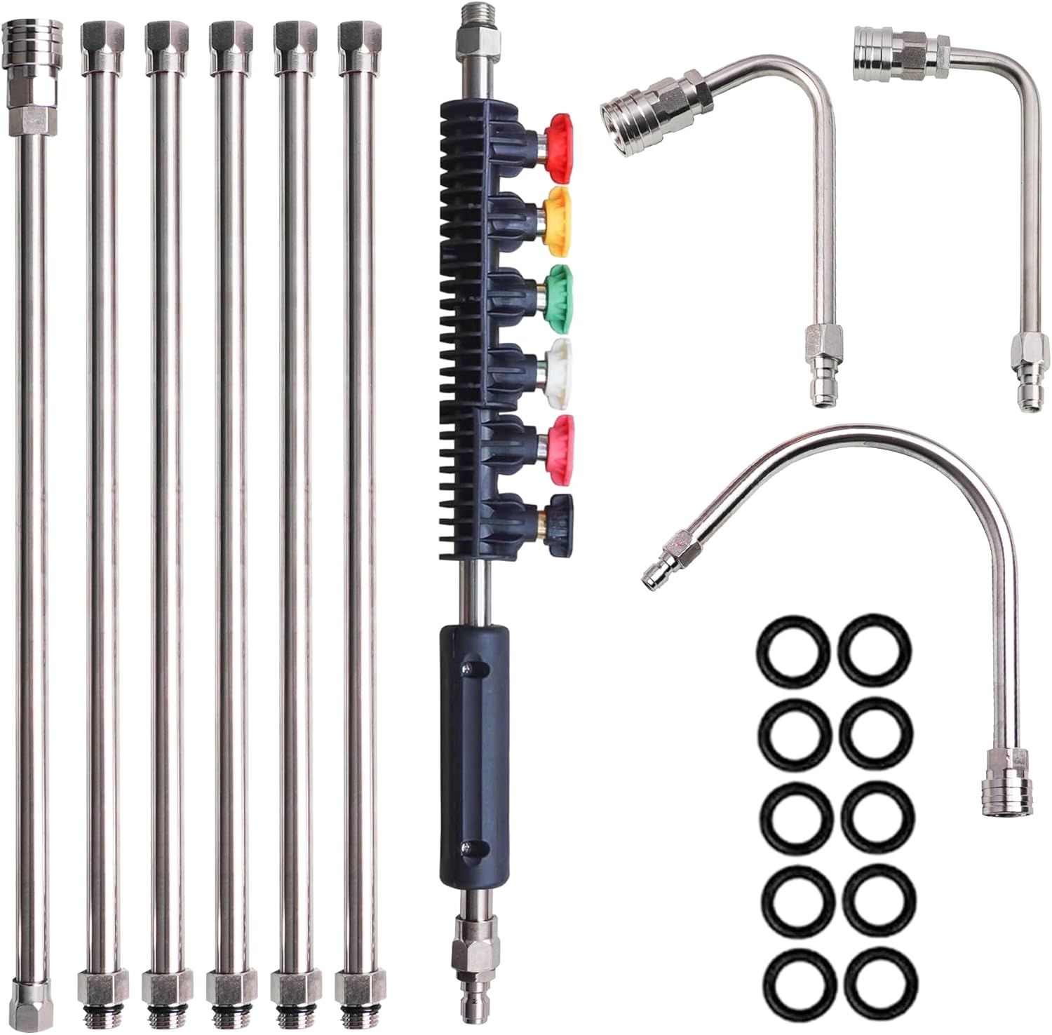 Pressure Washer Extension Wand, 10 Pack Power Washer Lance with 6 Atomization Nozzle Tips,1 Gutter Cleaner Attachment Curved Rod, 1/4
