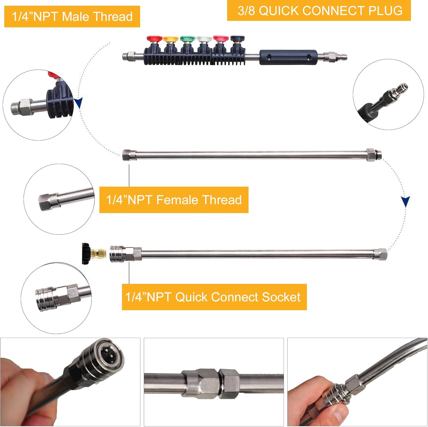 Pressure Washer Extension Wand, 10 Pack Power Washer Lance with 6 Atomization Nozzle Tips,1 Gutter Cleaner Attachment Curved Rod, 1/4