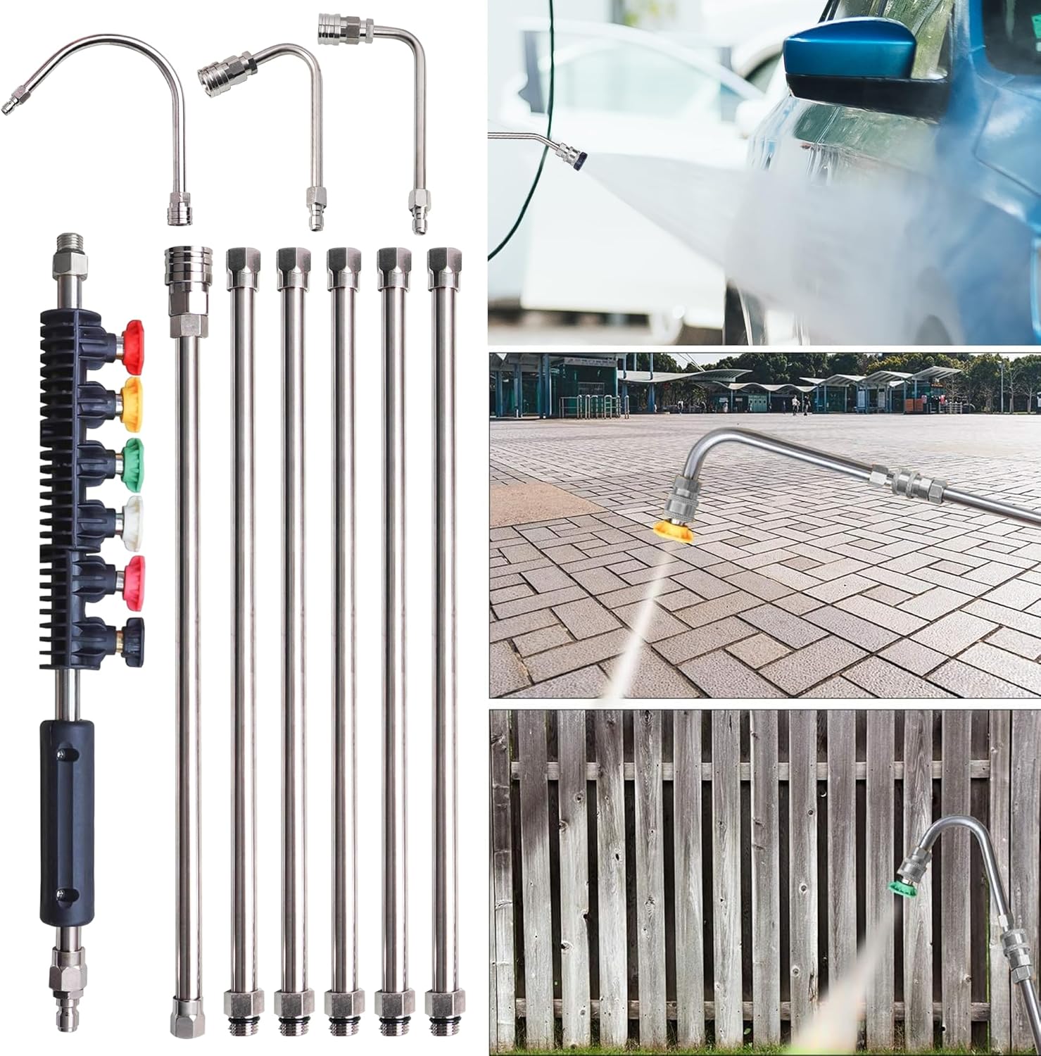 Pressure Washer Extension Wand, 10 Pack Power Washer Lance with 6 Atomization Nozzle Tips,1 Gutter Cleaner Attachment Curved Rod, 1/4