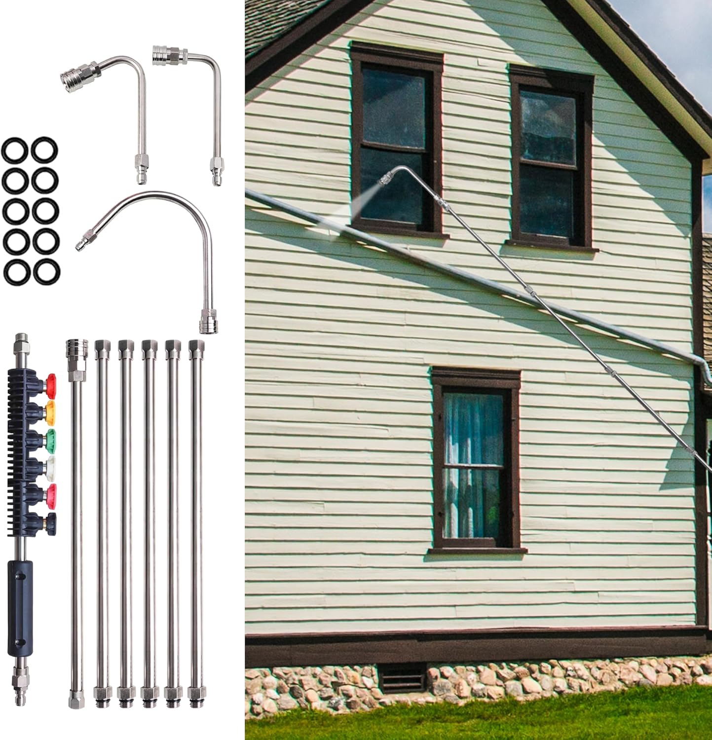 Pressure Washer Extension Wand, 10 Pack Power Washer Lance with 6 Atomization Nozzle Tips,1 Gutter Cleaner Attachment Curved Rod, 1/4