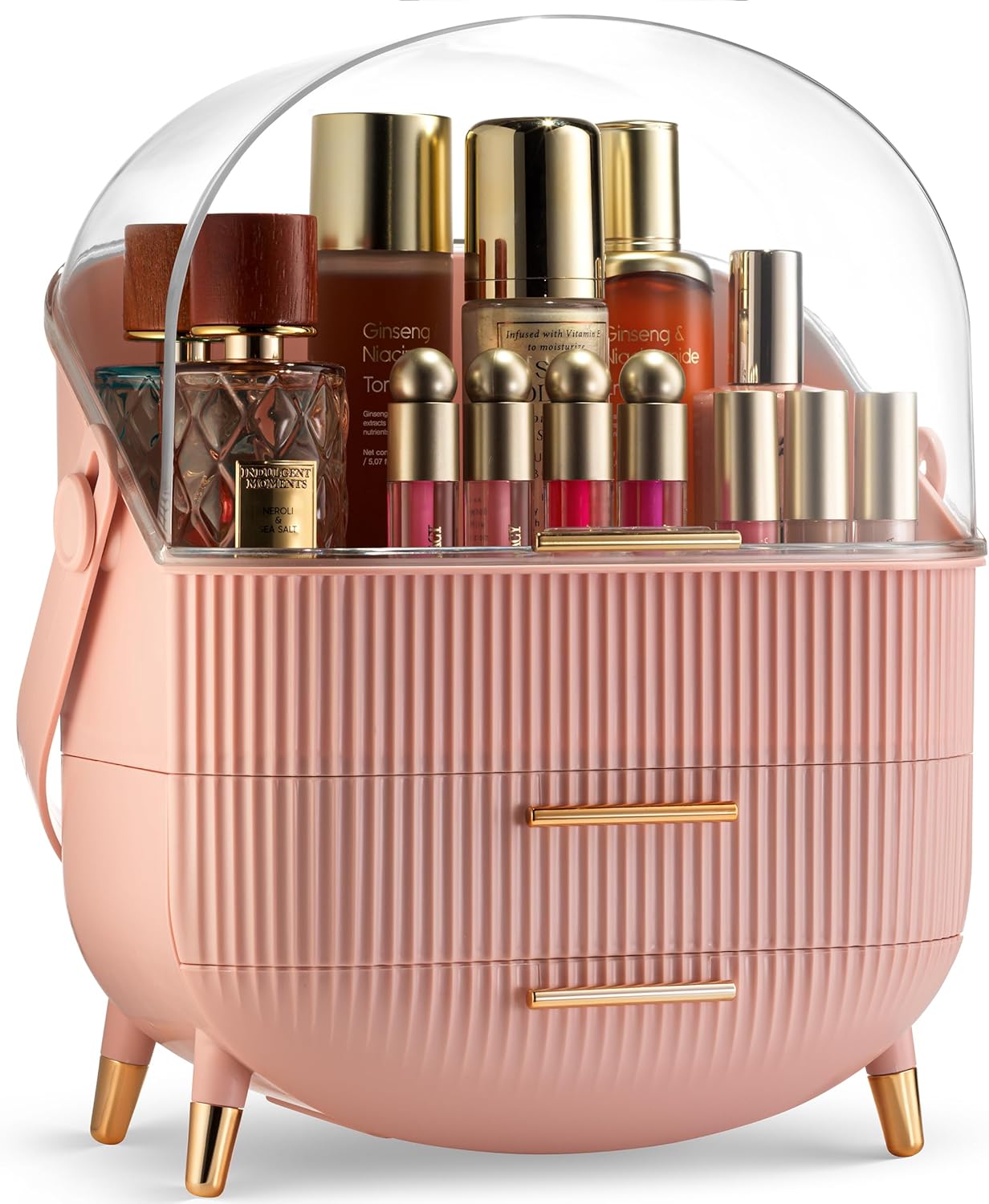 Covered Makeup Cosmetic Countertop - Large Cosmetic Organizer - Trendy Oval Shape Storage for Skin Care Organizer - Clear Lid, Storage Drawers, Carry Handle - Cute Stylish Decor Solution (Pink) - Image 1