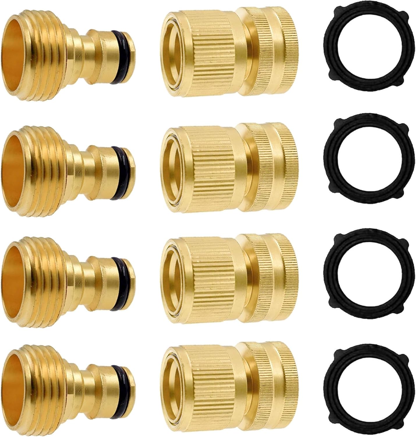 Garden Hose Quick Connector, Solid Brass 3/4 Inch GHT Thread Garden Quick Connect Kit, Male and Female No-Leak Water Hose Fittings (4 Set) - Image 1