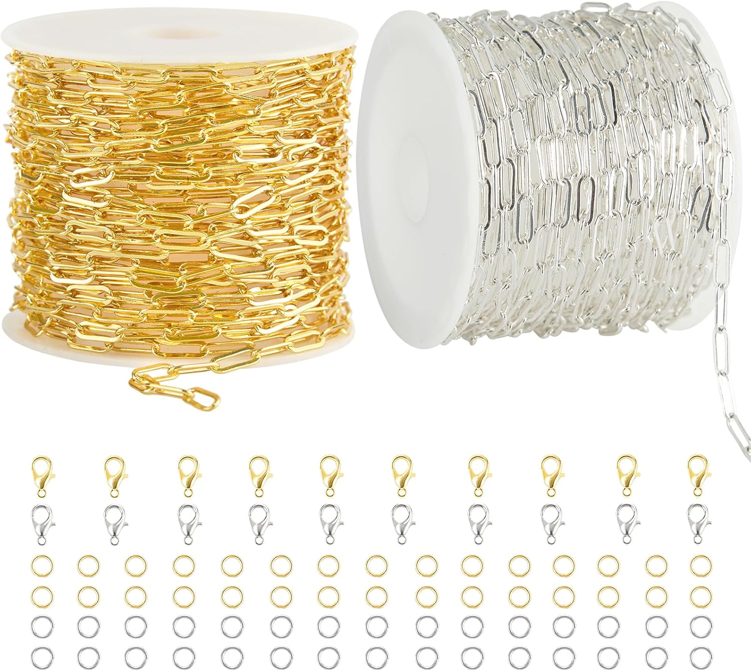 2 Rolls Paperclip Chain for Jewelry Making 32.8 Feet Jewelry Chain Links Silver and Gold Chains Bulk with Lobster Clasps and Jump Rings for DIY Craft Finding Jewelry Making Supplies - Image 1