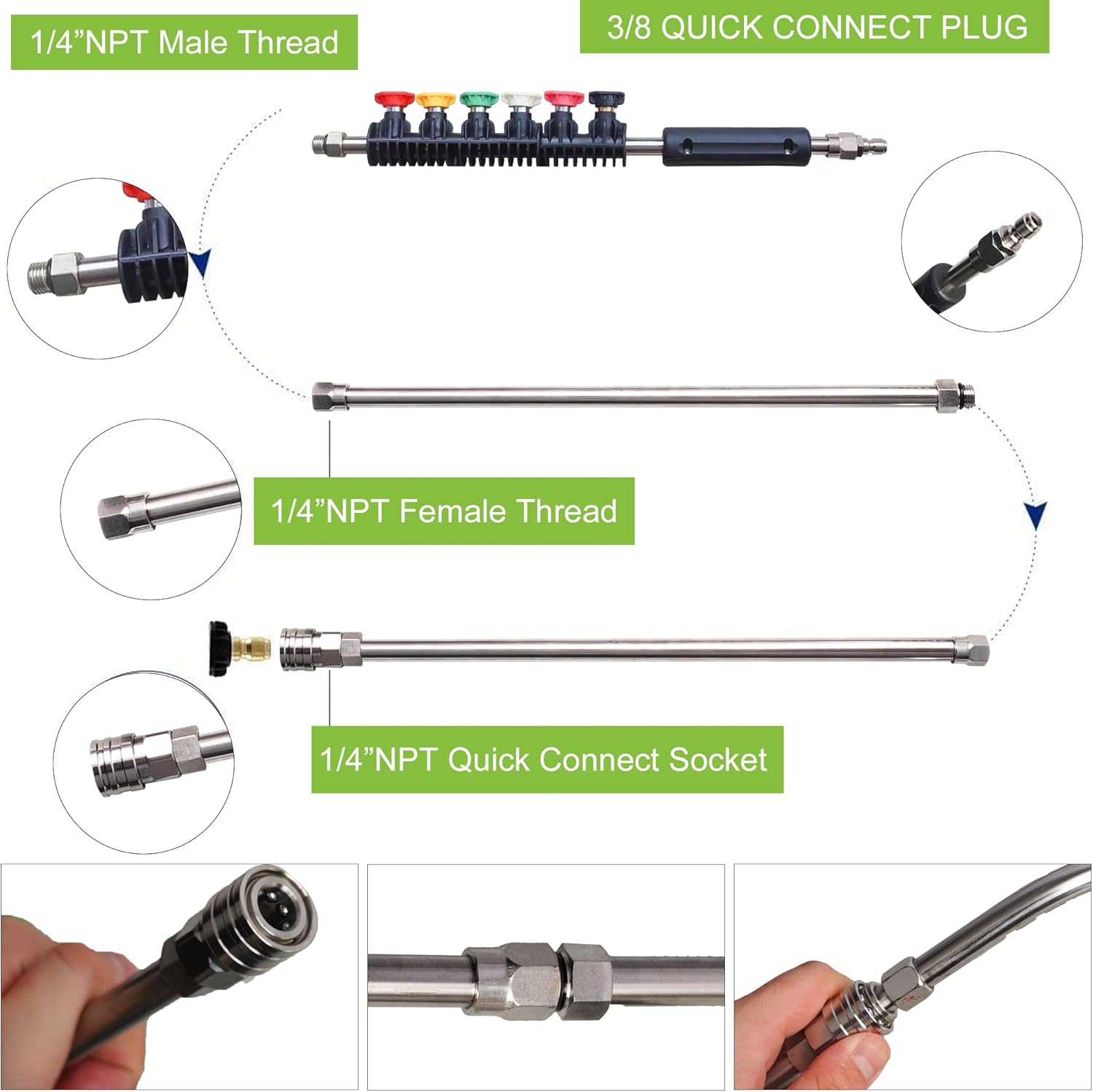 9 Pack Pressure Washer Extension Wand Upgrade Power Washer Lance with 6 Nozzle Tips, 30°,90°,120° Curved Rod, 1/4