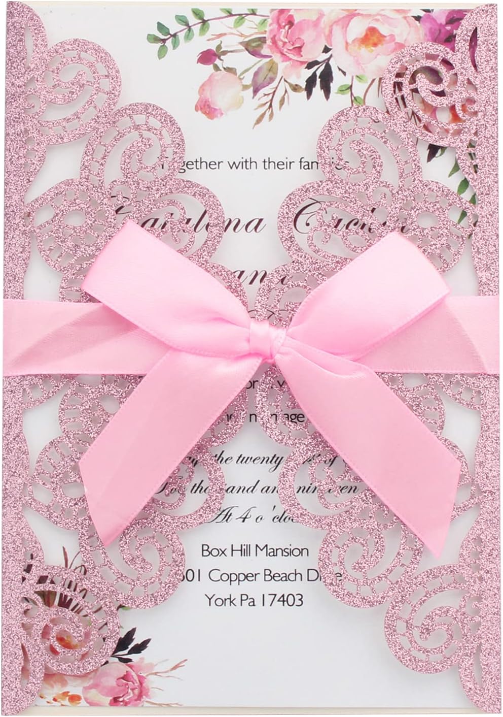 50Pcs Wedding Invitations with Envelopes and Rsvp Cards Pink Glitter Laser Cut Invitations with Pink Ribbons for Engagement Brithday Quinceanera Invites - Image 1