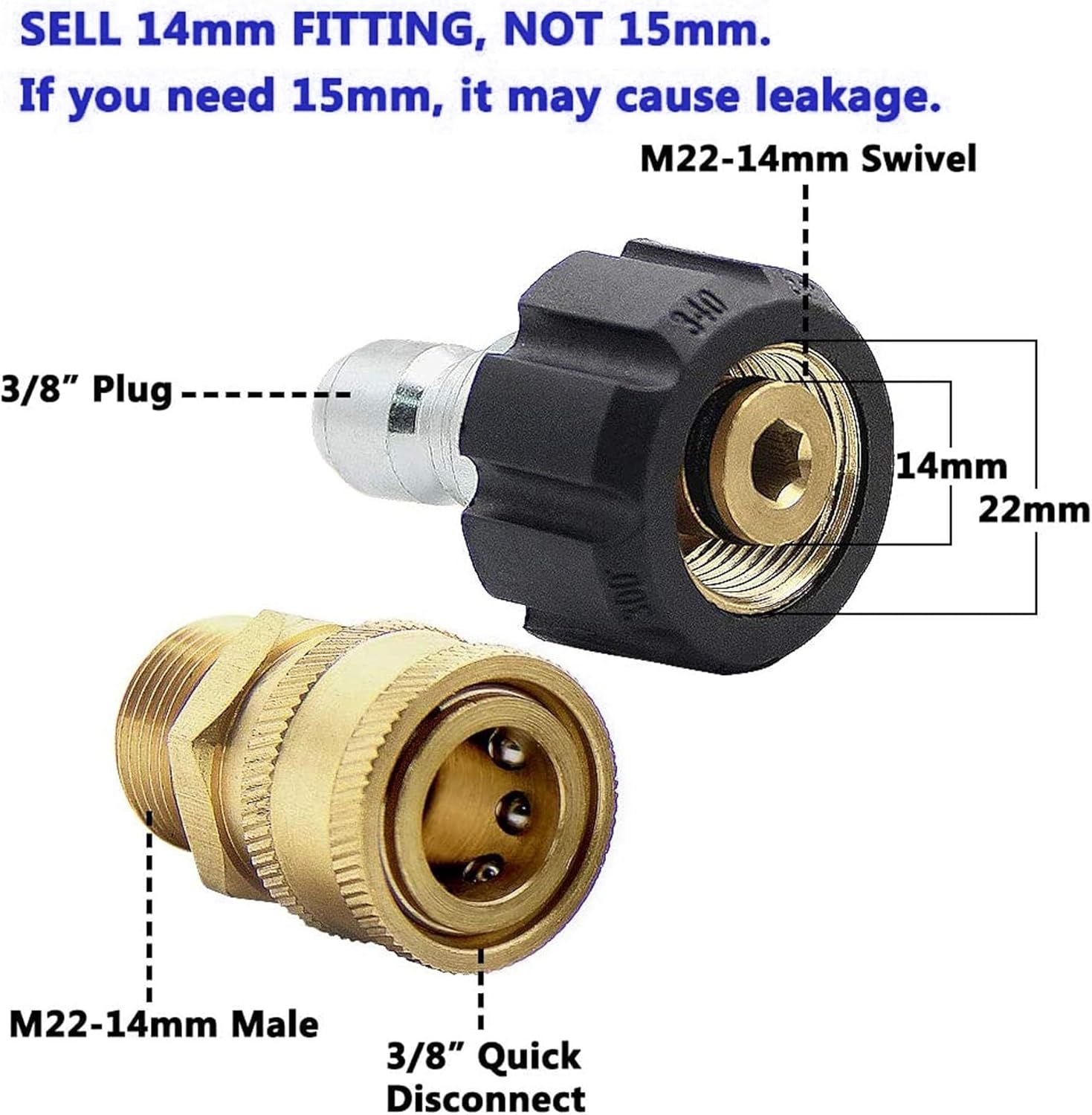 Pressure Washer Adapter Set, Quick Disconnect Kit With M22 Metric Male Thread Quick Connector, M22 Swivel to 3/8'' Quick Connect, 3/4