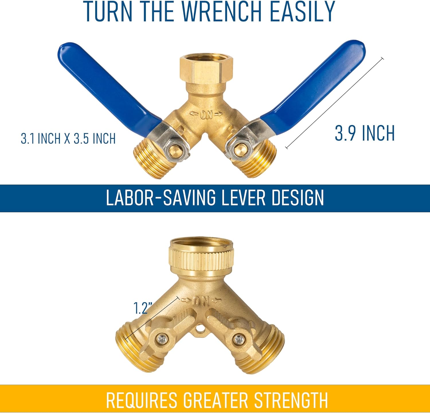 Brass Garden Hose Splitter, Y Valve Splitter with Stainless Steel Long Handle, Heavy Duty 2 Way 3/4