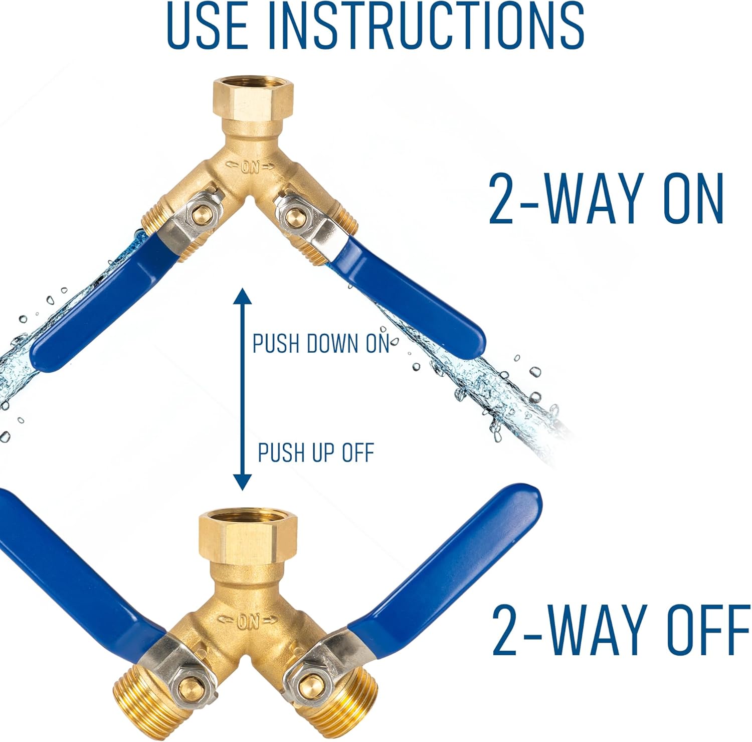 Brass Garden Hose Splitter, Y Valve Splitter with Stainless Steel Long Handle, Heavy Duty 2 Way 3/4