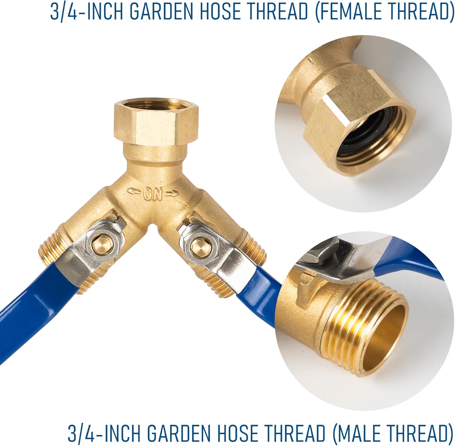 Brass Garden Hose Splitter, Y Valve Splitter with Stainless Steel Long Handle, Heavy Duty 2 Way 3/4